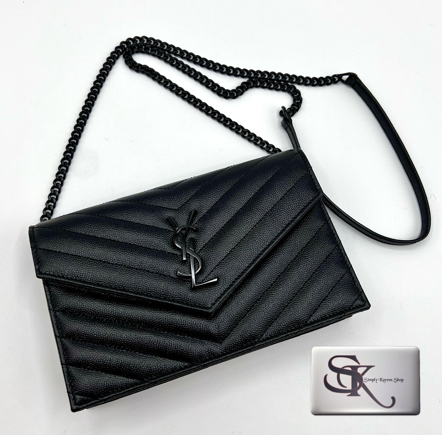 Ysl Cassandre Envelope Black on Black wallet on chain in grained leather π΅πP75,200π΅π