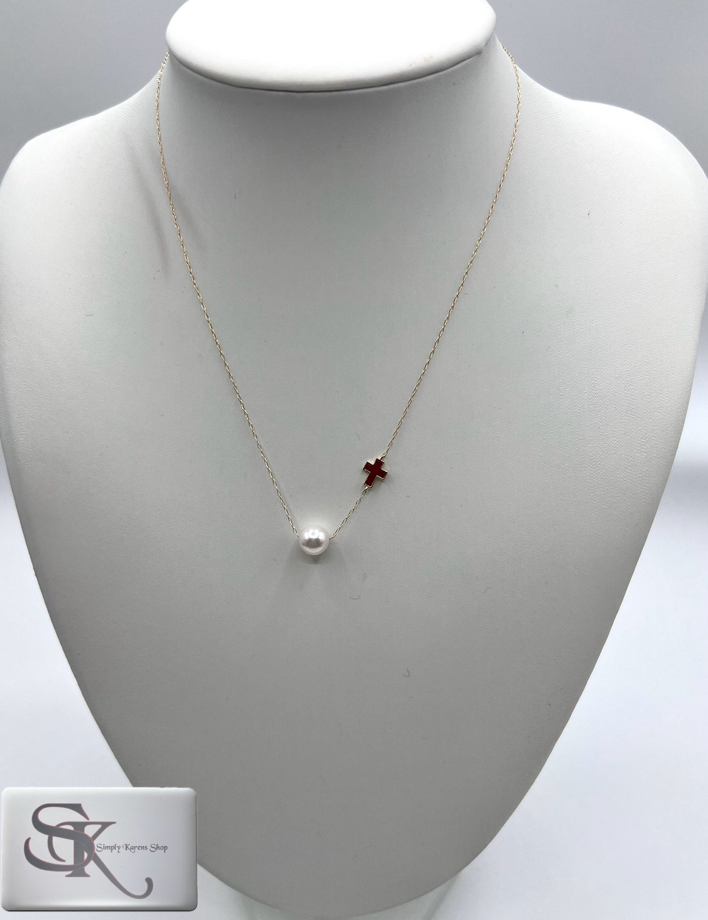 K18 Yg floating akoya pearl ncklce 8 mm with cross motif 40 cm 🇵🇭P11,200🇵🇭
