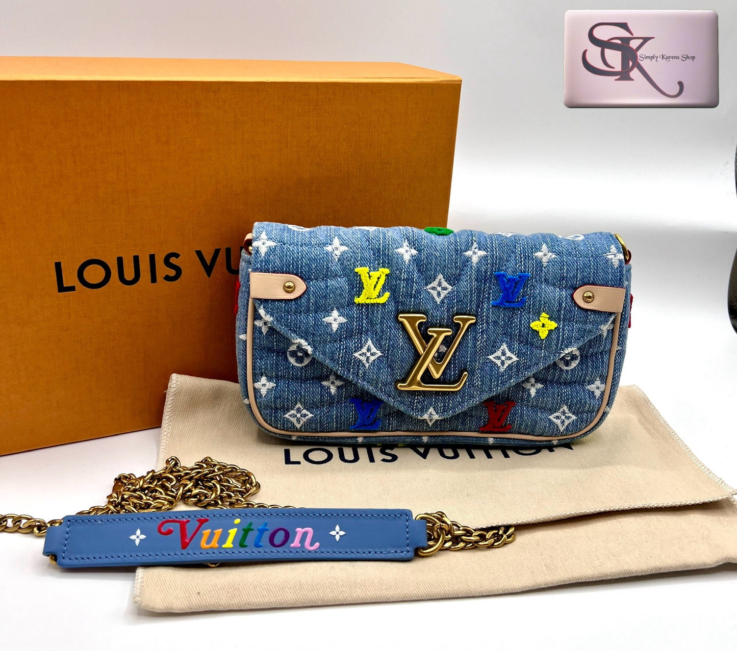 Lv embroidered Monogram Denim New Wave Chain Pochette Blue