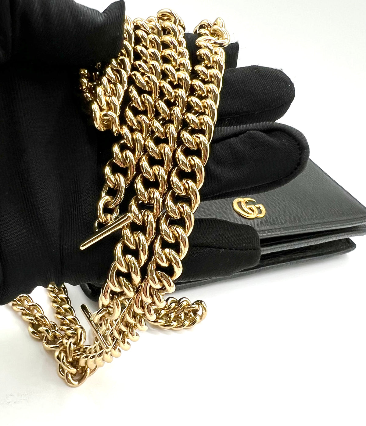 Gucci GG Marmont Black Leather Wallet On chain GHW