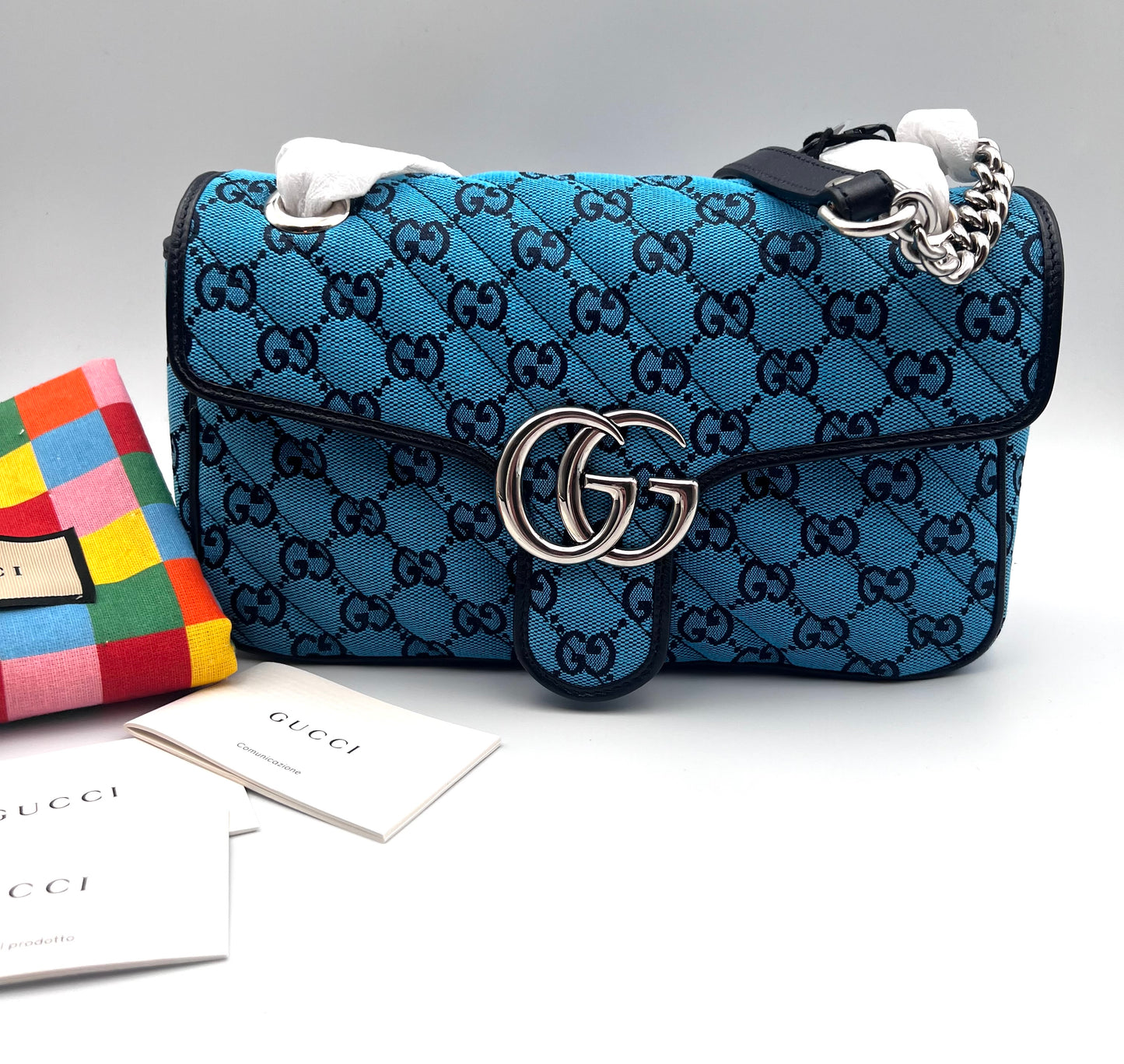 Gucci Marmont Blue Canvas Chain Flap MM size SHW        (🇵🇭P67,940)