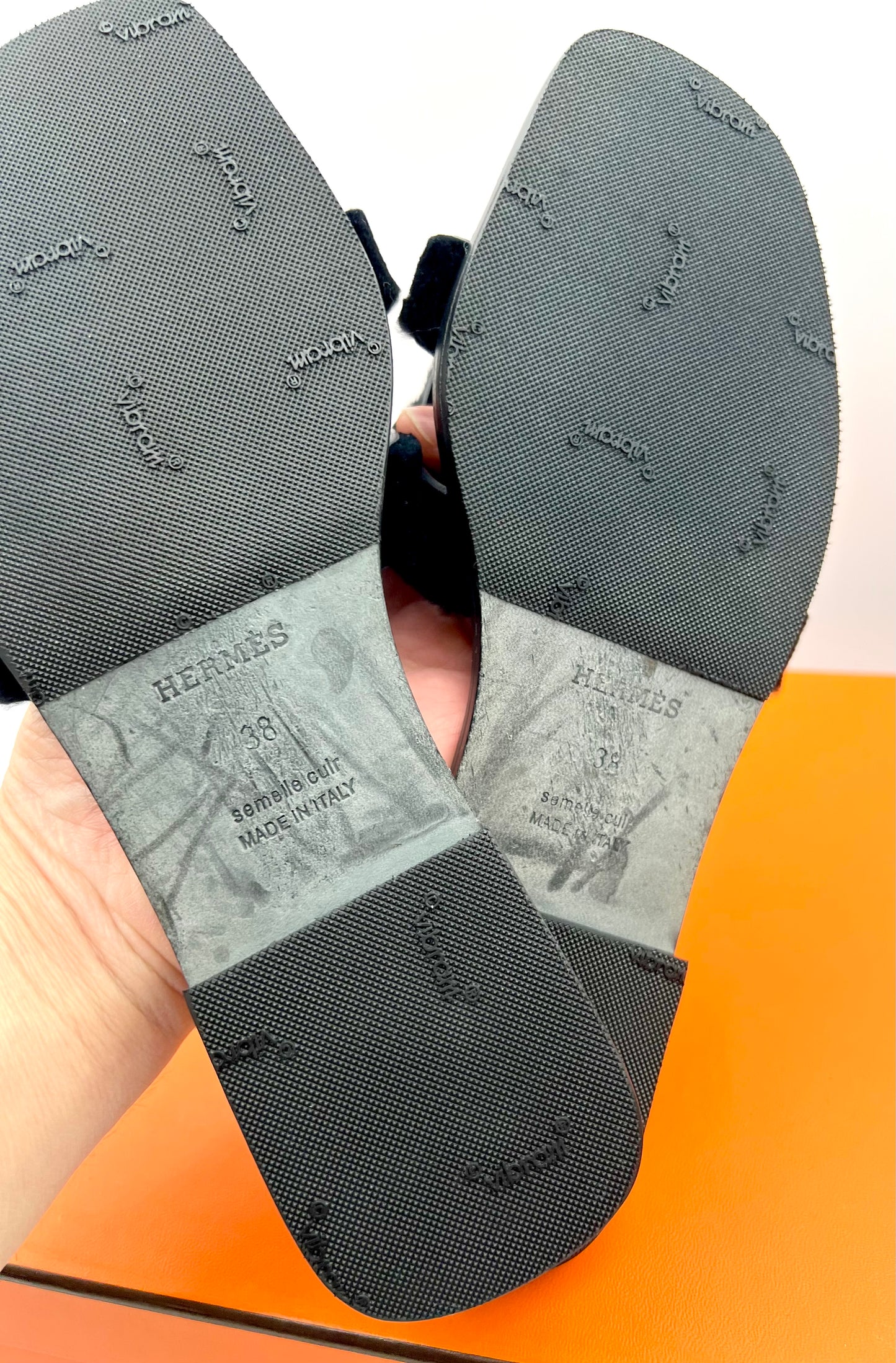 Hermes Oran Black Calf Hair Navy Sole Sandals Size 38    (🇵🇭P30,100)