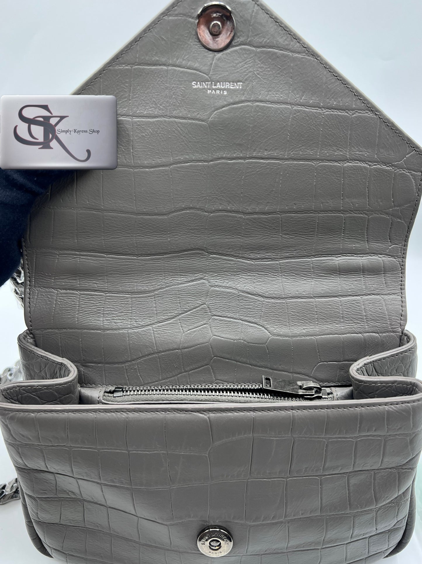 Yves Saint Laurent Gray  Croc Embossed leather College 2 way bag mm size (🇵🇭P72,240)
