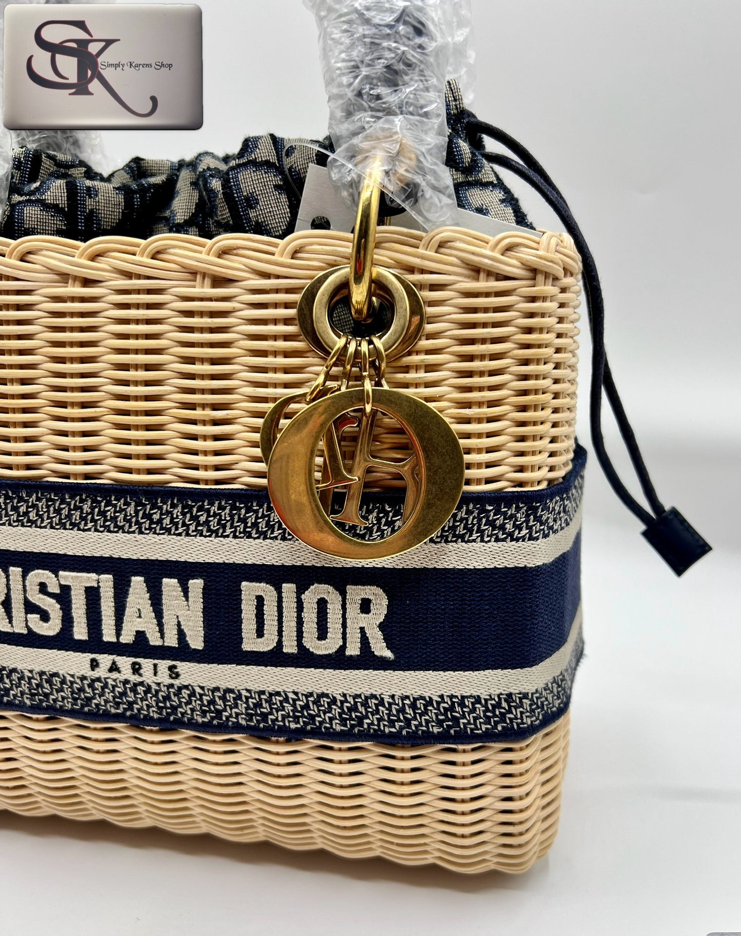 CHRISTIAN DIOR LADY DIOR NATURAL WICKER ARO BLUE DIOR OBLIQUE MM SIZE