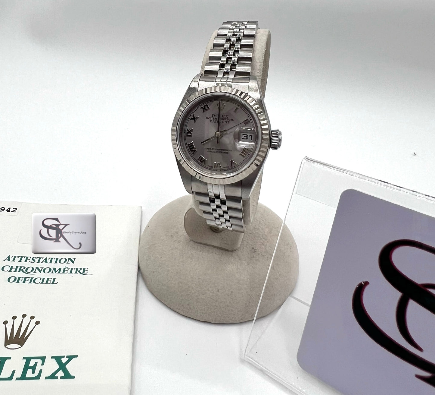 Rolex Date just Automatic 26mm SS/Silver Roman Ladies Year 2001 17cn