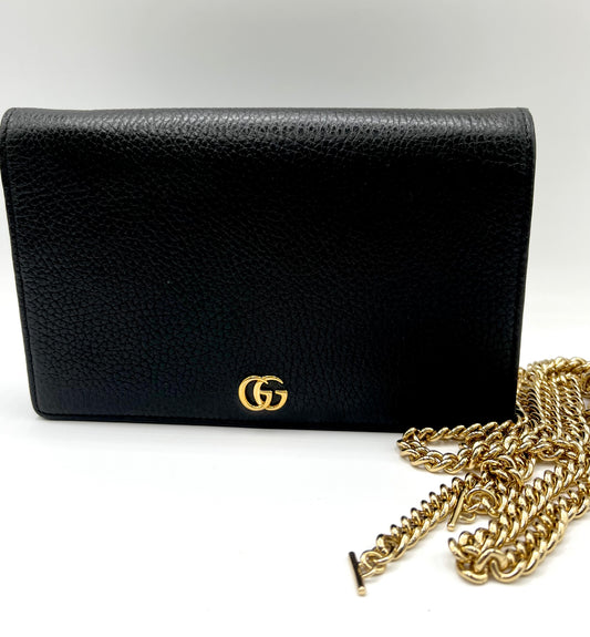 Gucci GG Marmont Black Leather Wallet On chain GHW