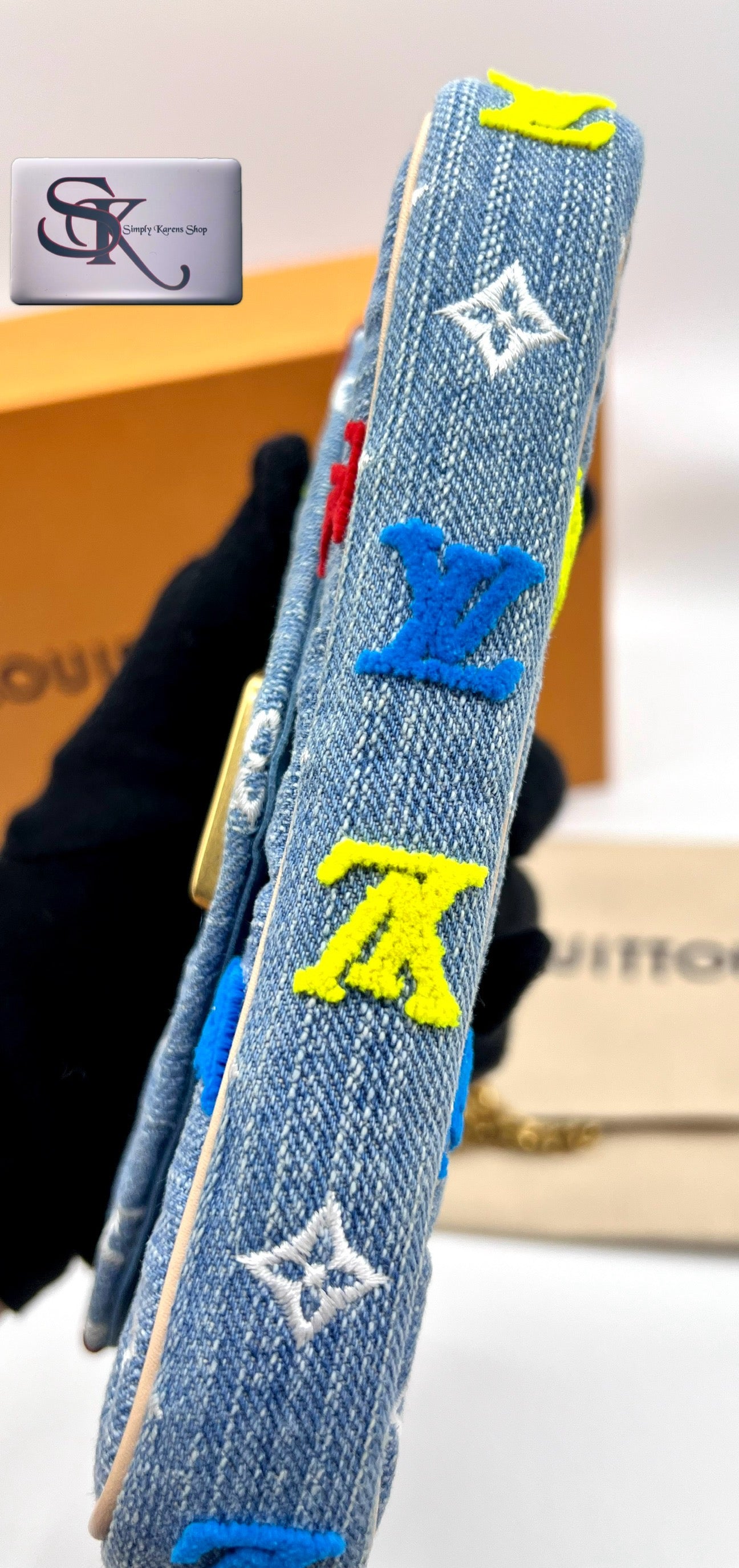 Lv embroidered Monogram Denim New Wave Chain Pochette Blue