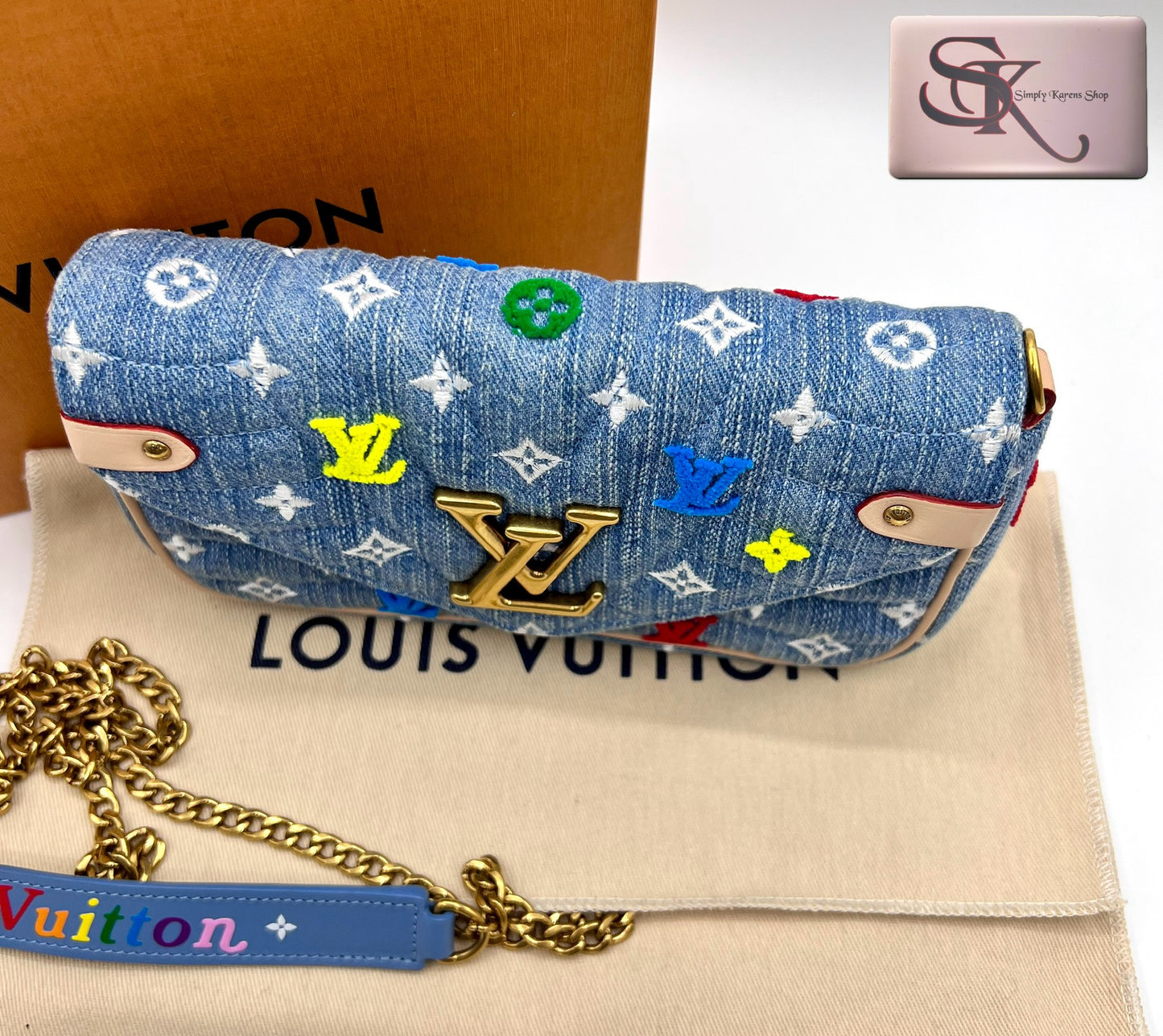 Lv embroidered Monogram Denim New Wave Chain Pochette Blue