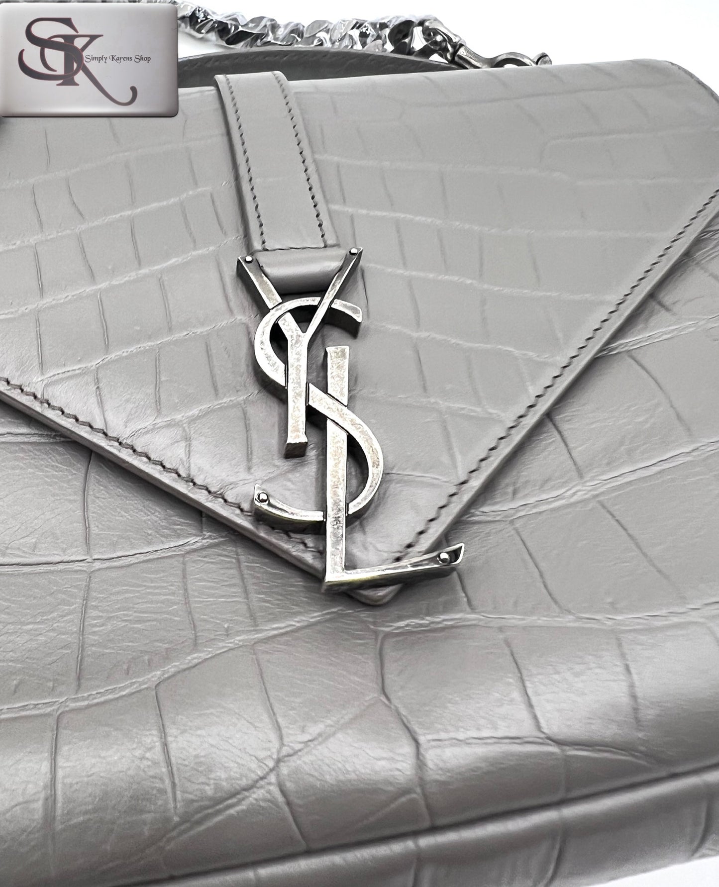 Yves Saint Laurent Gray  Croc Embossed leather College 2 way bag mm size (🇵🇭P72,240)