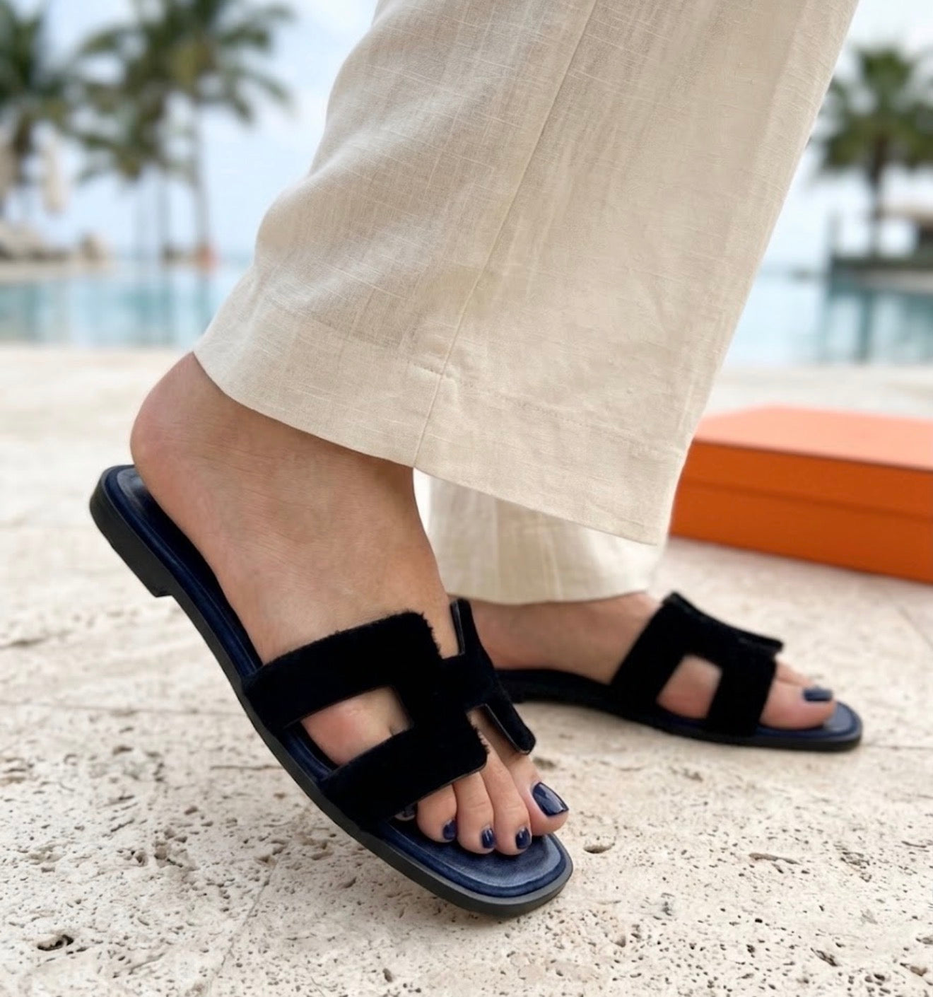 Hermes Oran Black Calf Hair Navy Sole Sandals Size 38    (🇵🇭P30,100)