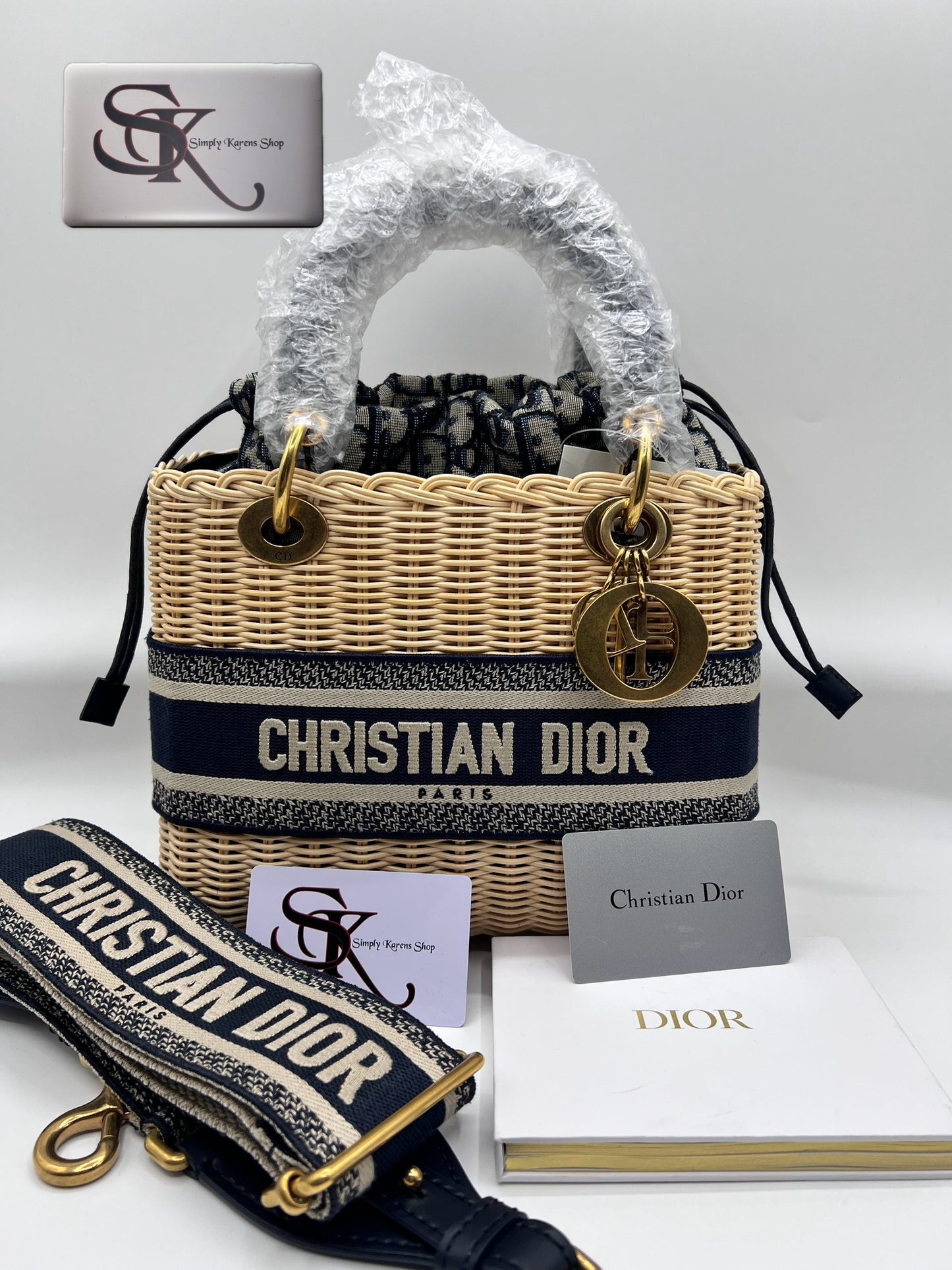 CHRISTIAN DIOR LADY DIOR NATURAL WICKER ARO BLUE DIOR OBLIQUE MM SIZE