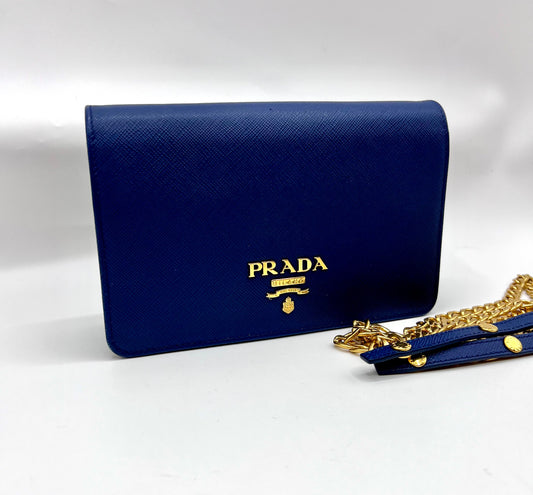 Prada Saffiano Blue Mini wallet on Chain G.H.