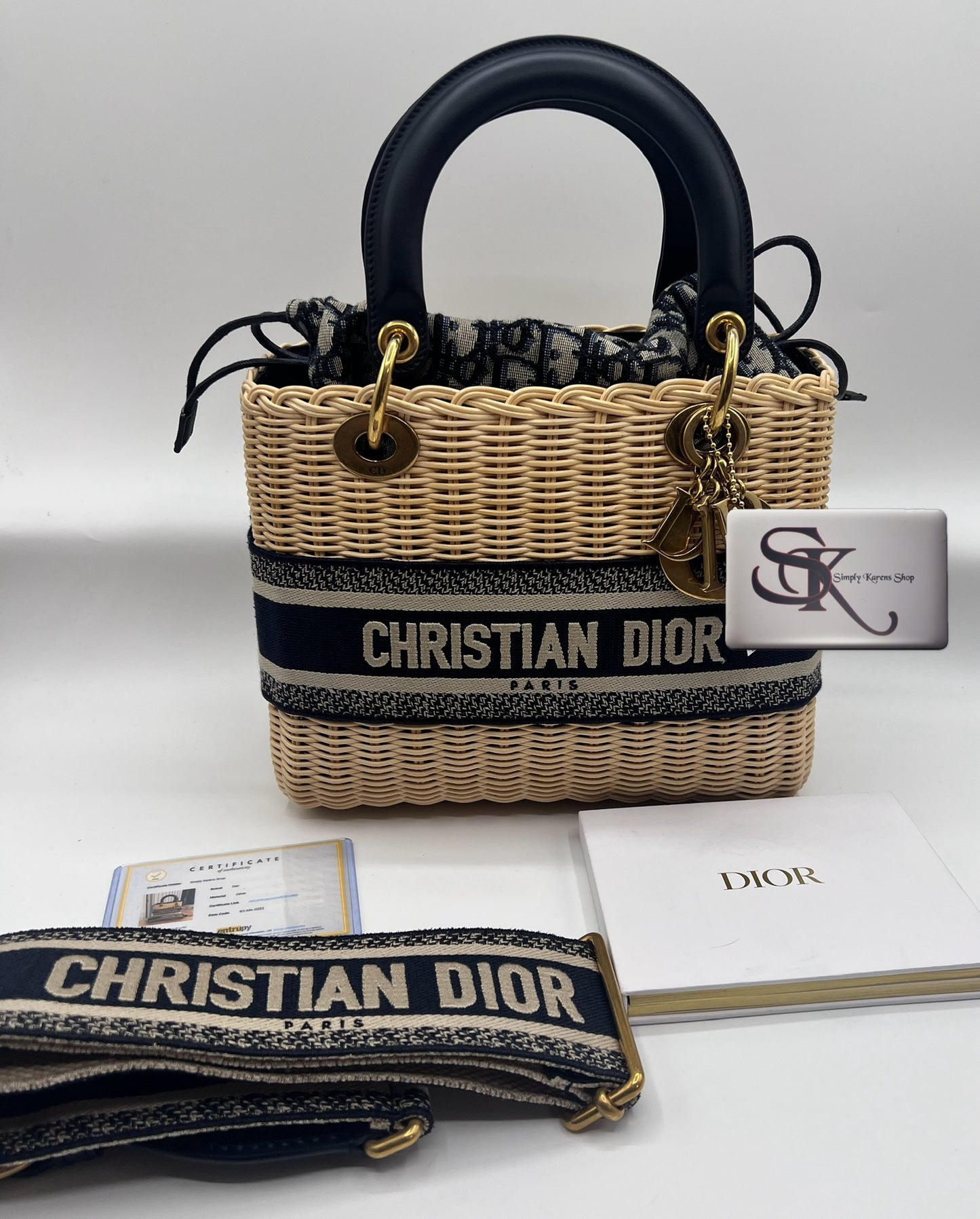 CHRISTIAN DIOR LADY DIOR NATURAL WICKER ARO BLUE DIOR OBLIQUE MM SIZE