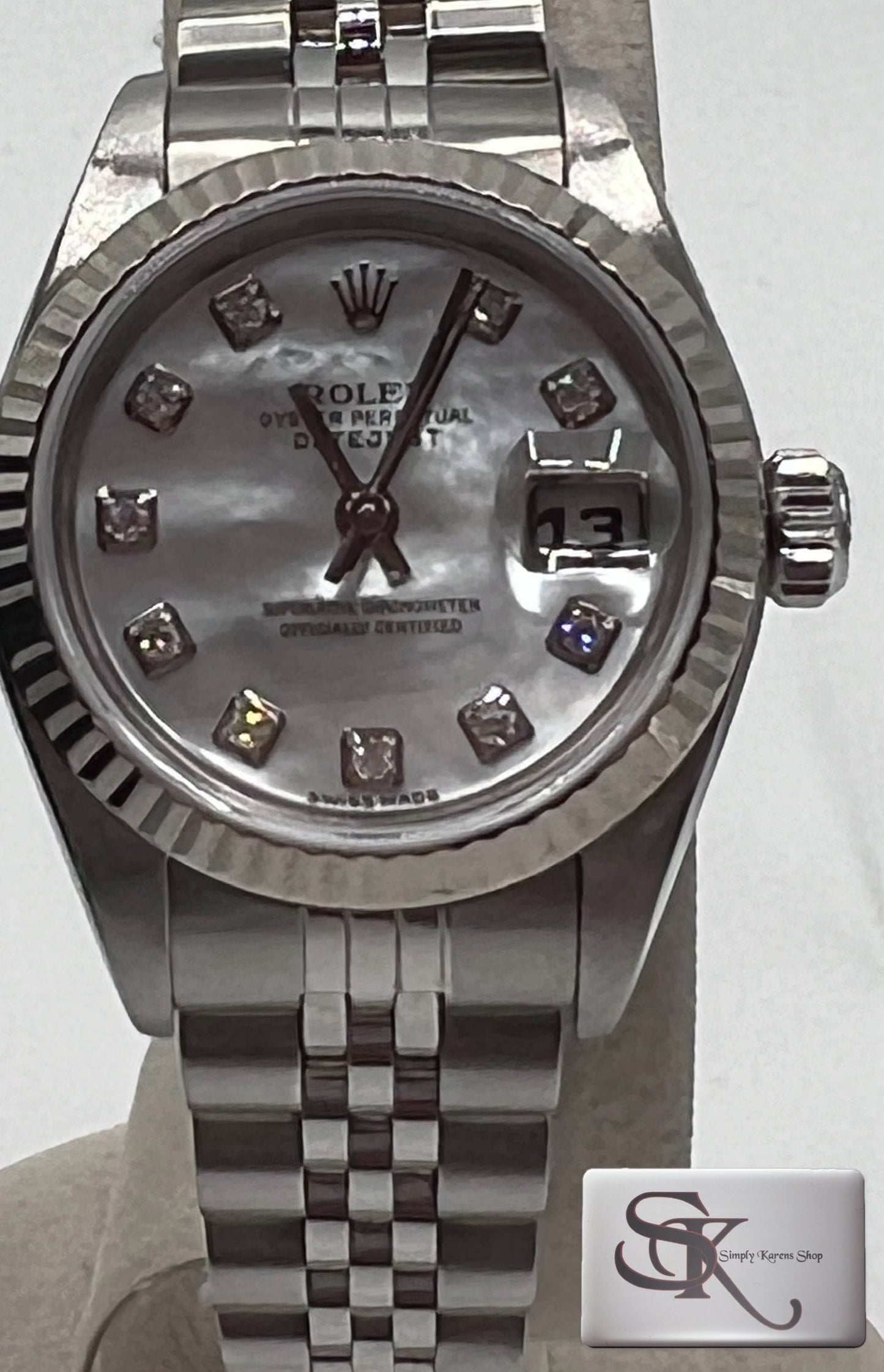 Rolex date just Automatic 26mm SS/WG Shell dial w/ Diamonds Year 2004 17cm