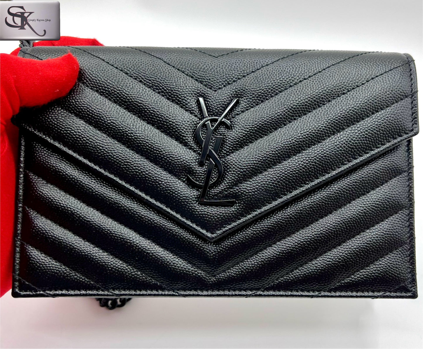 Ysl Cassandre Envelope Black on Black wallet on chain in grained leather   🇵🇭P75,200🇵🇭