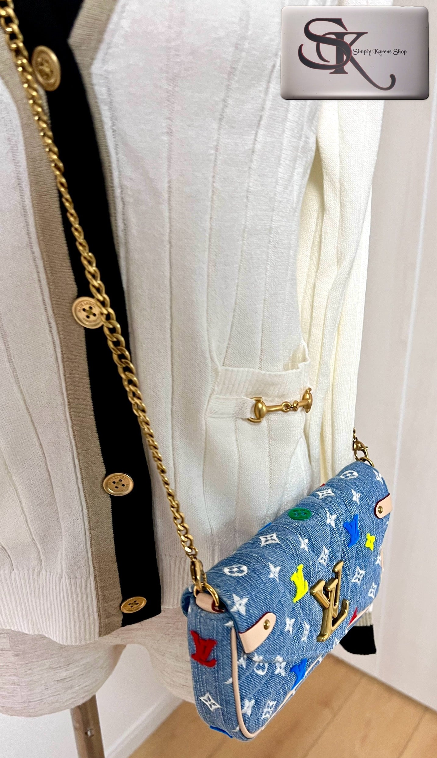 Lv embroidered Monogram Denim New Wave Chain Pochette Blue