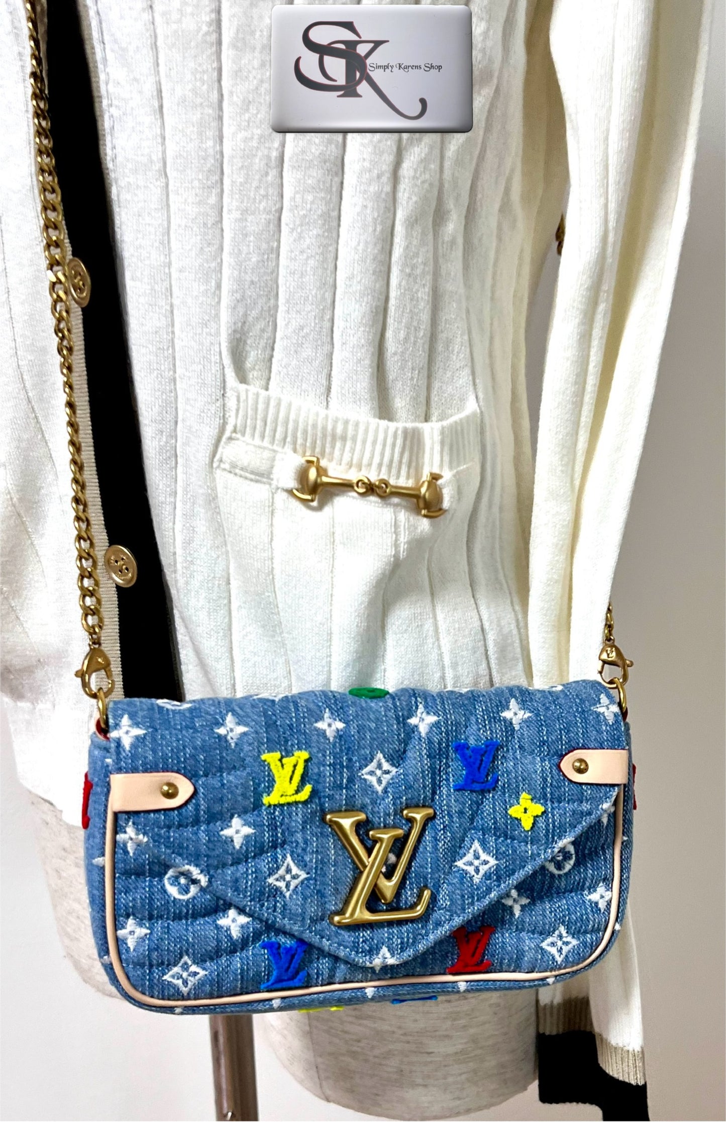 Lv embroidered Monogram Denim New Wave Chain Pochette Blue