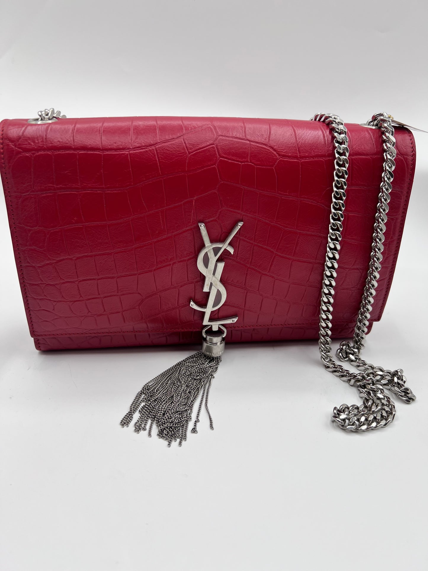Yves Saint Laurent Kate Tassel Croc Embossed Leather MM Size Red Flap  (🇵🇭P76,540)