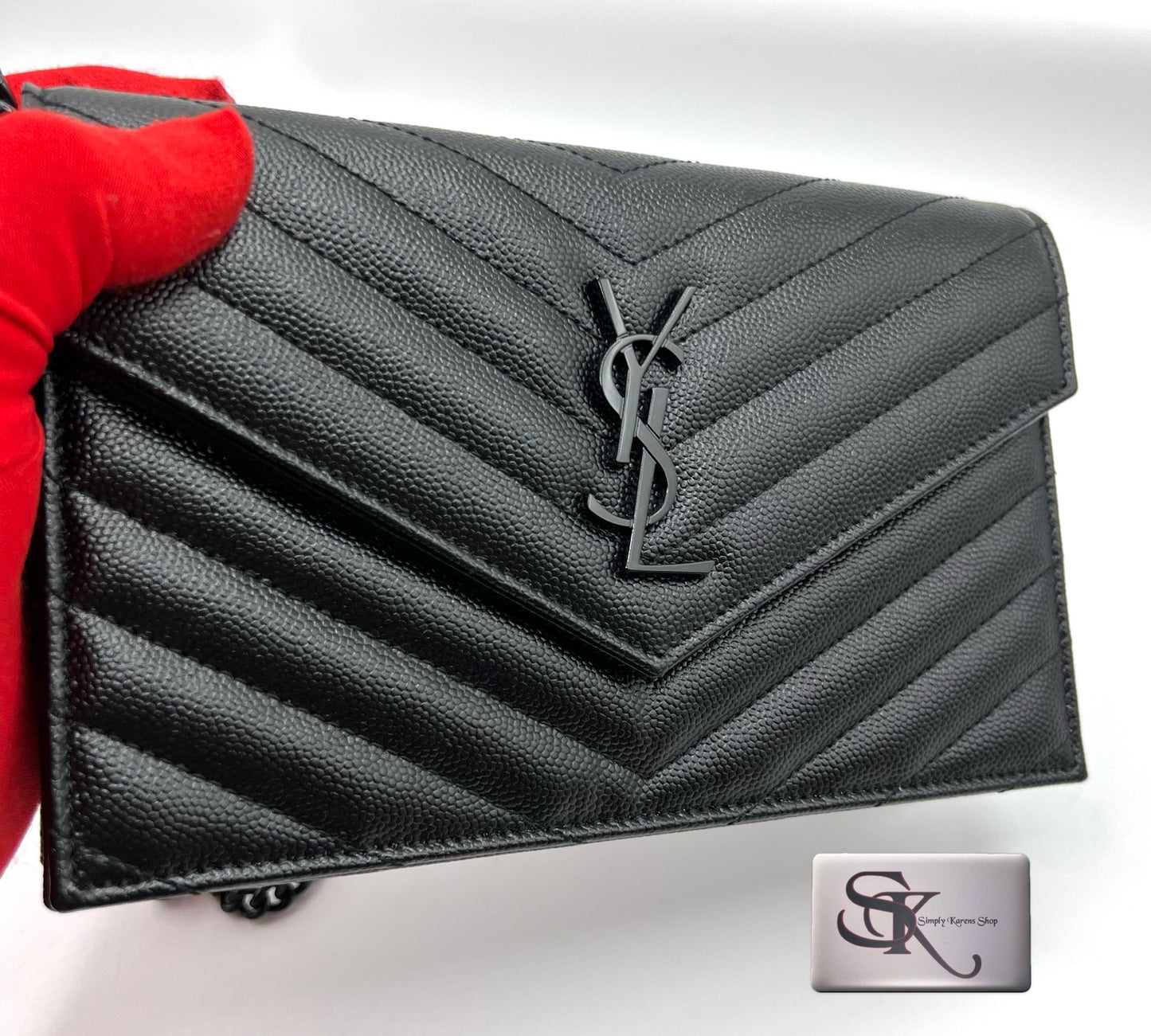 Ysl Cassandre Envelope Black on Black wallet on chain in grained leather   🇵🇭P75,200🇵🇭