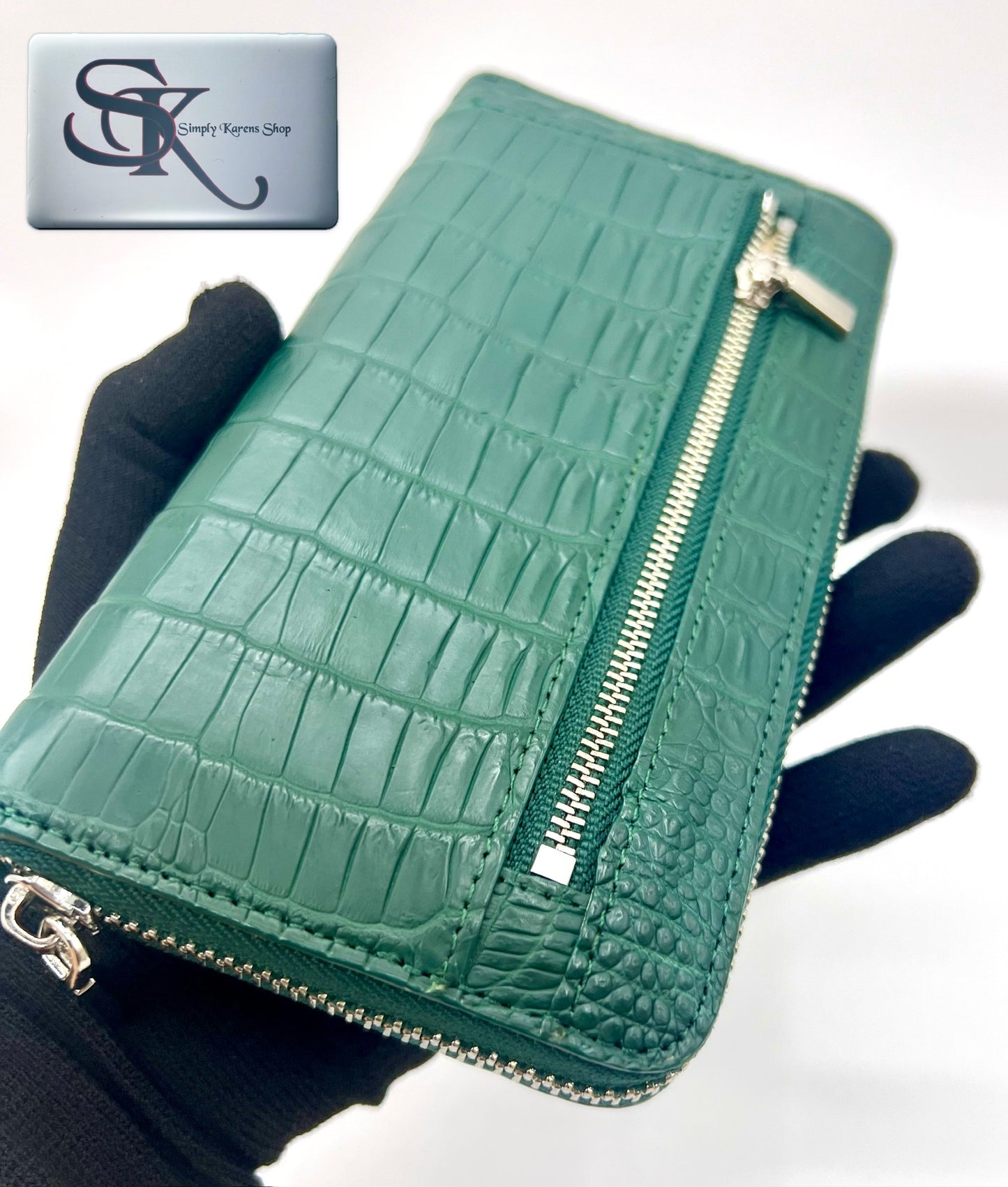 Genuine Crocodile green zip around wallet