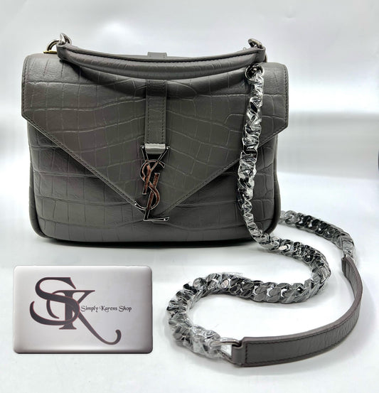Yves Saint Laurent Gray  Croc Embossed leather College 2 way bag mm size (🇵🇭P72,240)