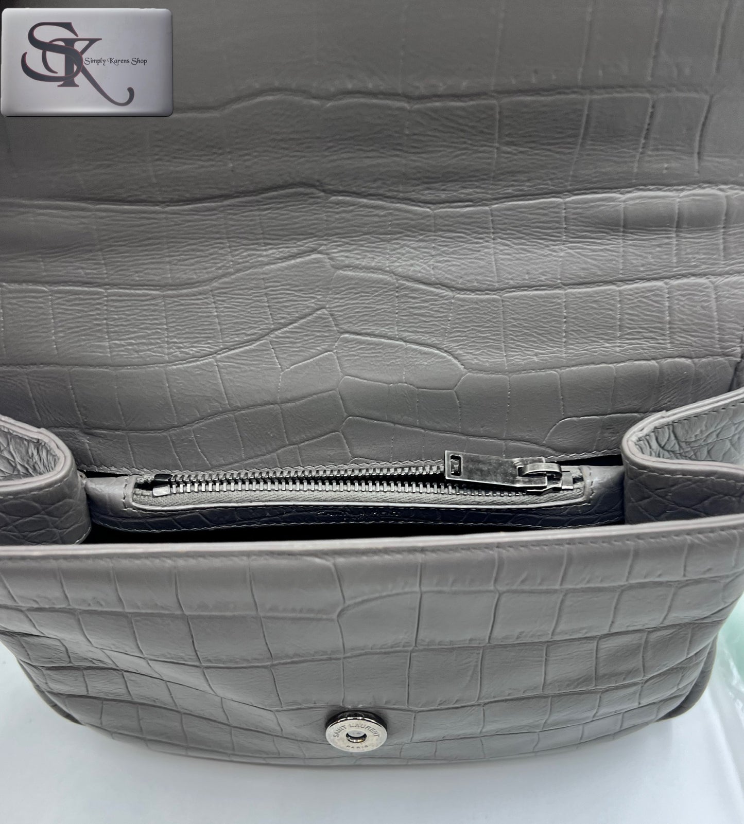Yves Saint Laurent Gray  Croc Embossed leather College 2 way bag mm size (🇵🇭P72,240)