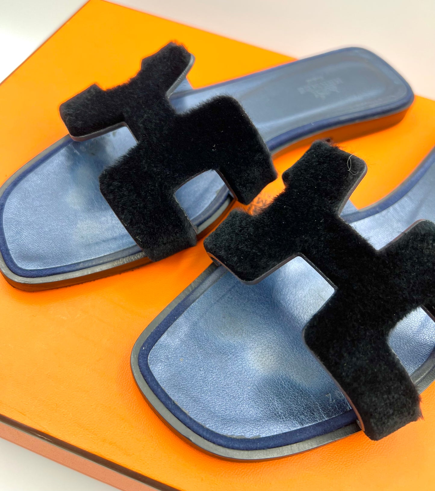 Hermes Oran Black Calf Hair Navy Sole Sandals Size 38    (🇵🇭P30,100)