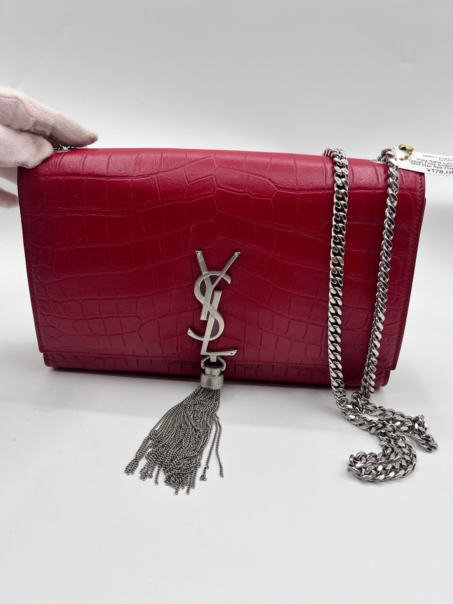 Yves Saint Laurent Kate Tassel Croc Embossed Leather MM Size Red Flap  (🇵🇭P76,540)