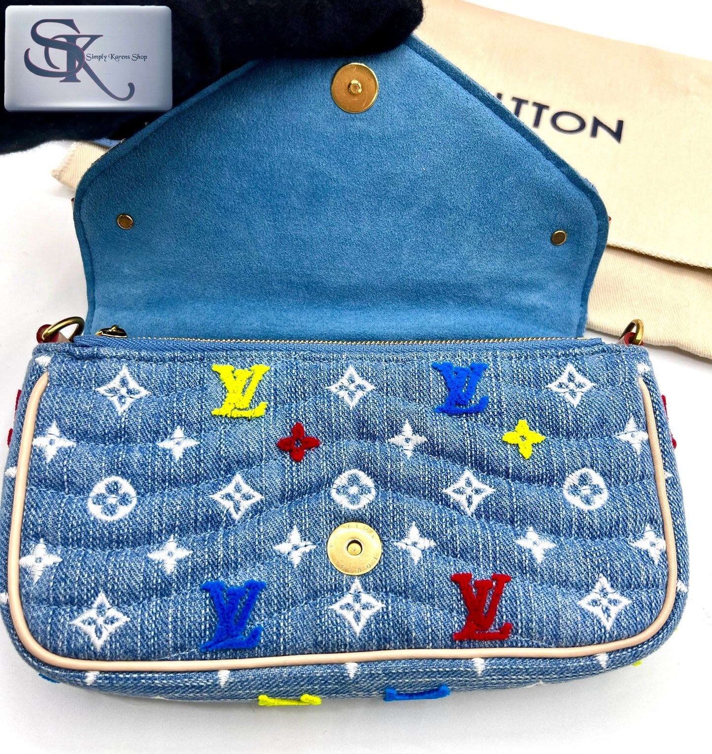 Lv embroidered Monogram Denim New Wave Chain Pochette Blue