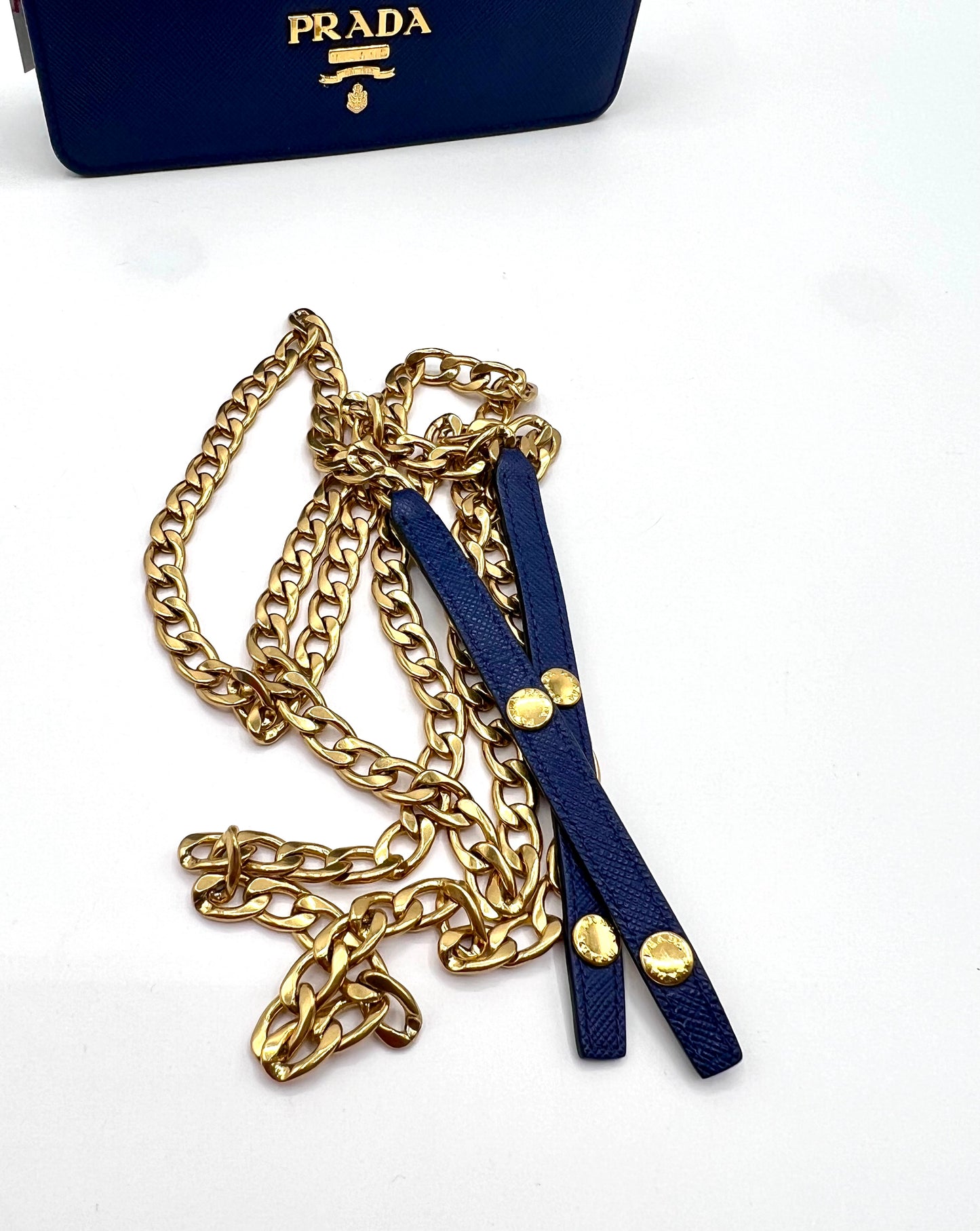 Prada Saffiano Blue Mini wallet on Chain G.H.