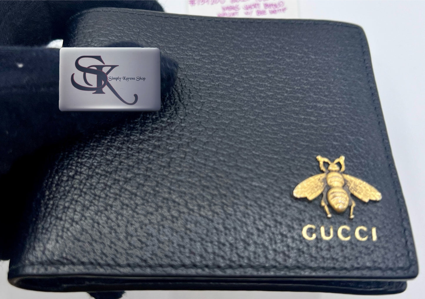 GUCCI BLACK LEATHER ANIMALIER BEE MOTIF BIFOLD WALLET FOR MEN