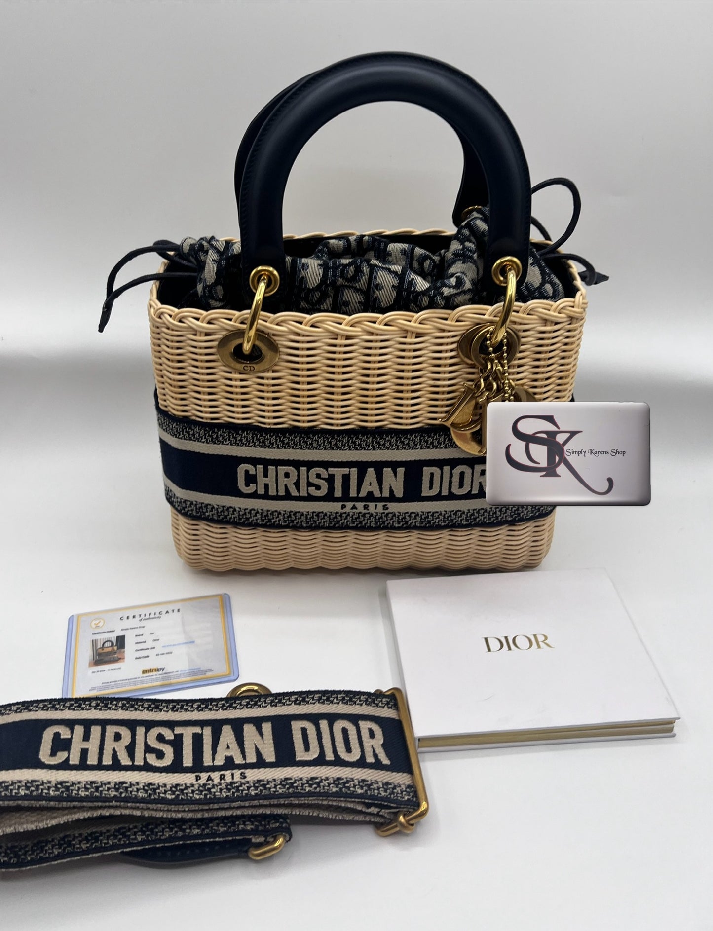 CHRISTIAN DIOR LADY DIOR NATURAL WICKER ARO BLUE DIOR OBLIQUE MM SIZE