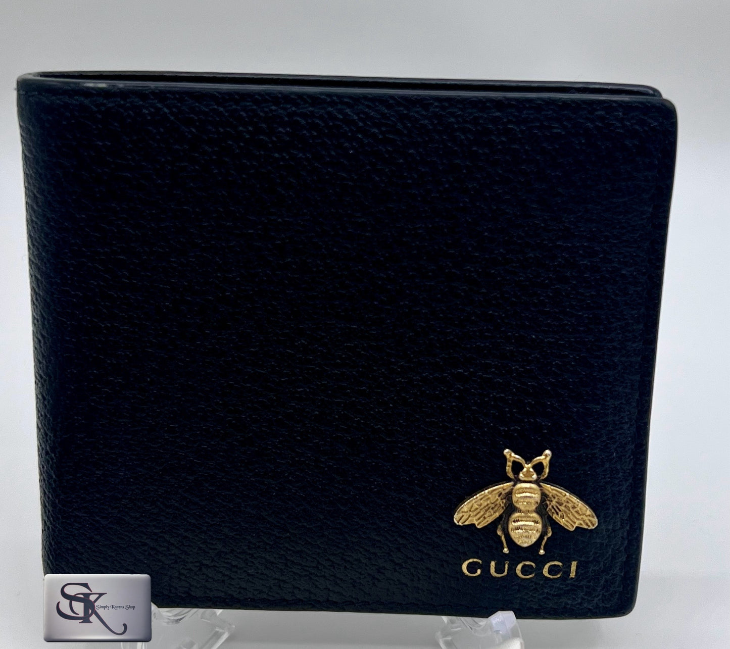 GUCCI BLACK LEATHER ANIMALIER BEE MOTIF BIFOLD WALLET FOR MEN