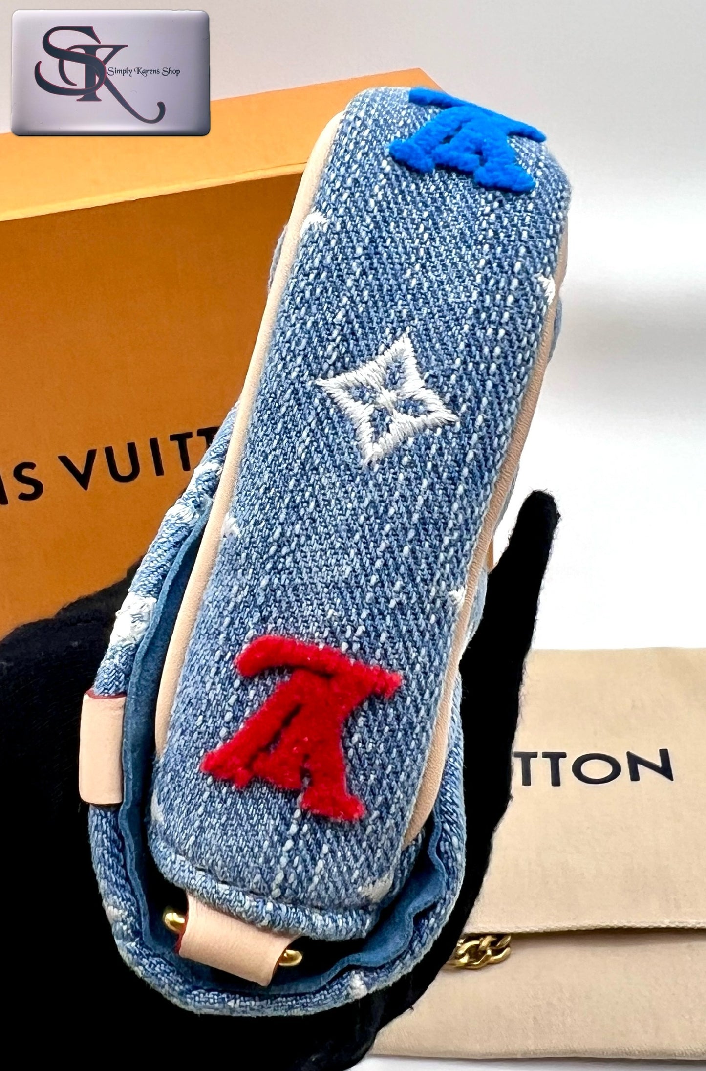 Lv embroidered Monogram Denim New Wave Chain Pochette Blue