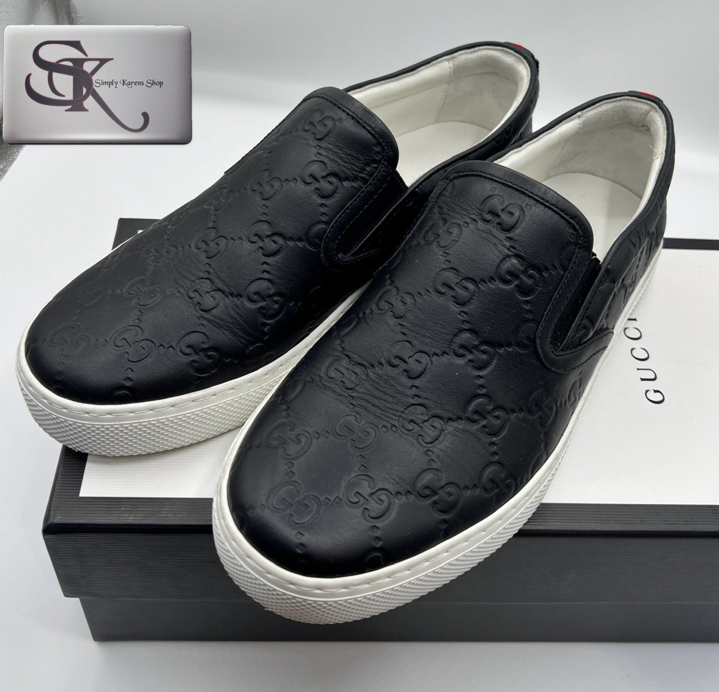 GUCCI GUCCISSIMA MEN'S BLACK LEATHER SLIP ON SNEAKERS S5 1/2C