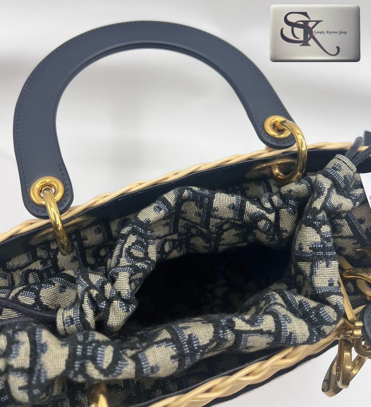 CHRISTIAN DIOR LADY DIOR NATURAL WICKER ARO BLUE DIOR OBLIQUE MM SIZE