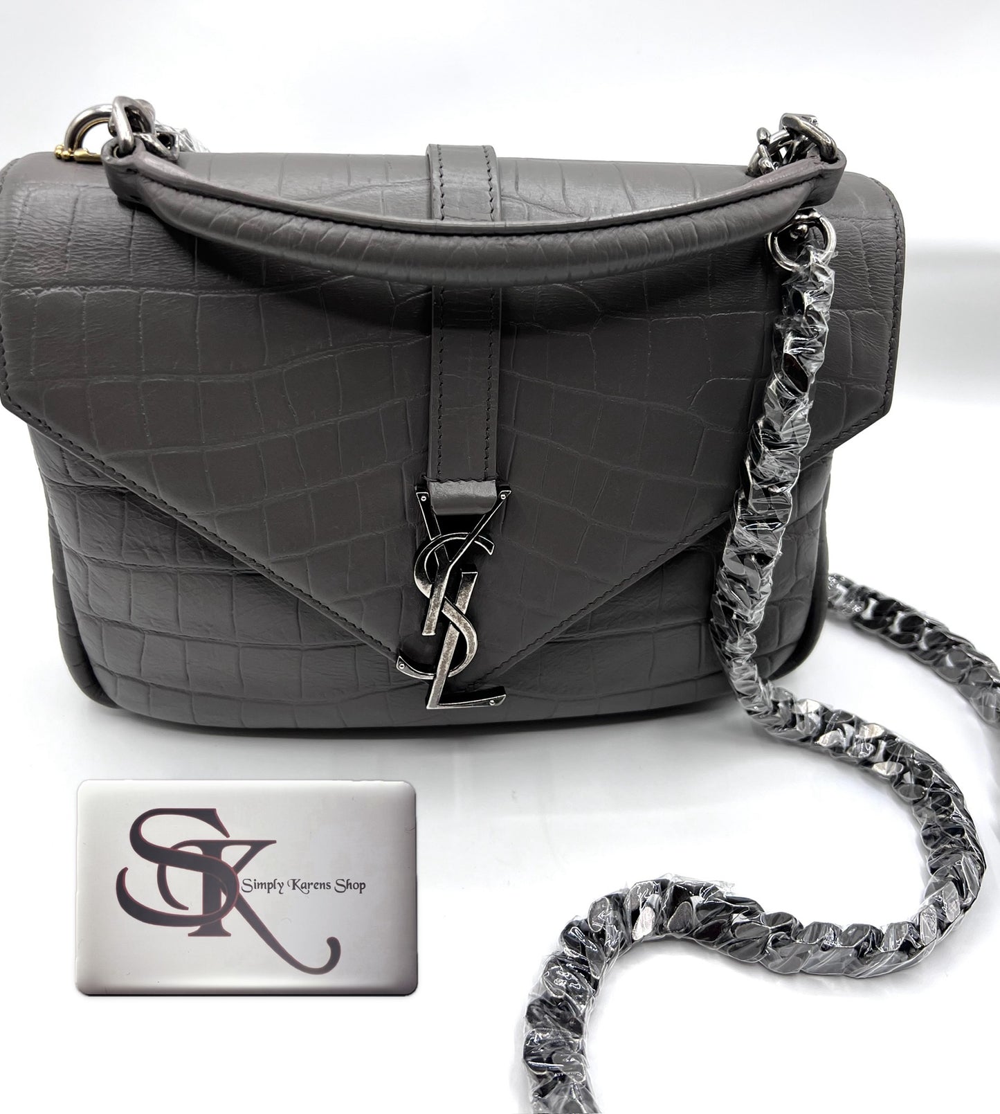 Yves Saint Laurent Gray  Croc Embossed leather College 2 way bag mm size (🇵🇭P72,240)