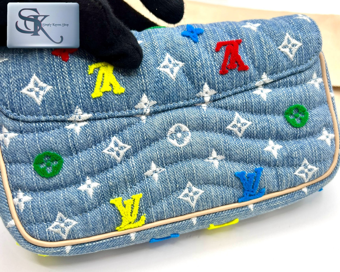 Lv embroidered Monogram Denim New Wave Chain Pochette Blue