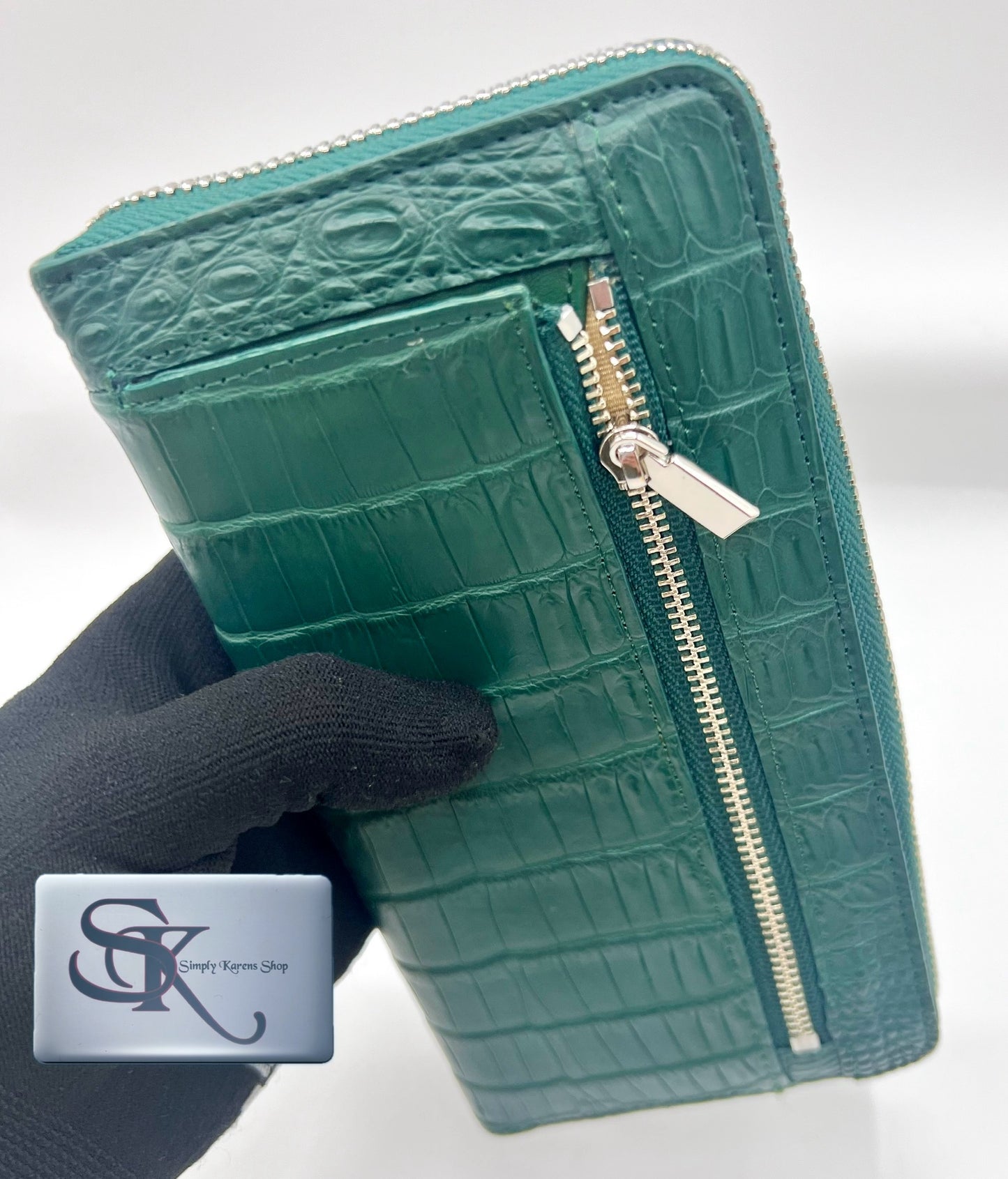 Genuine Crocodile green zip around wallet