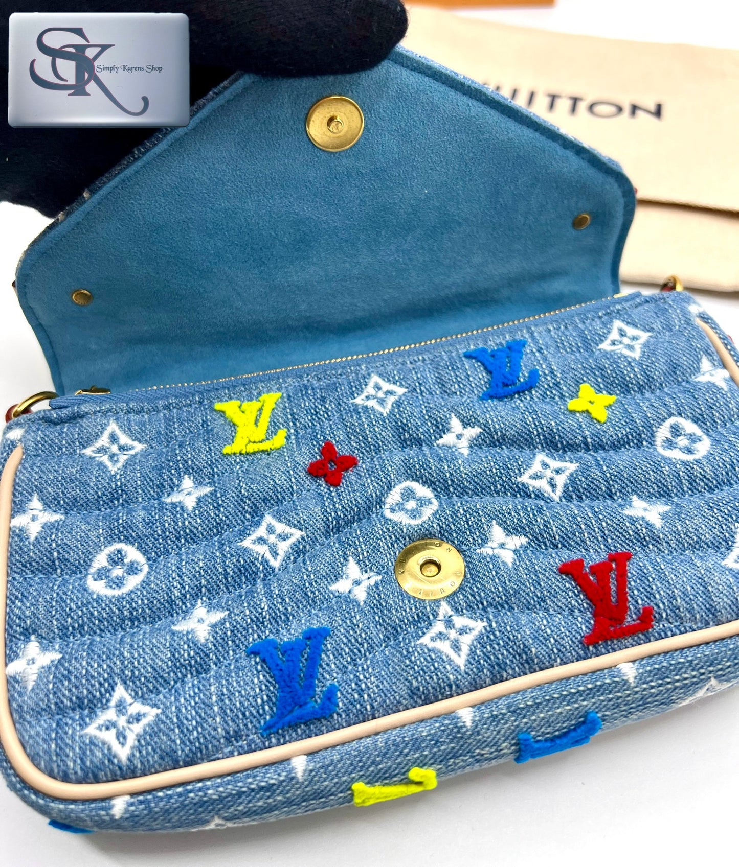 Lv embroidered Monogram Denim New Wave Chain Pochette Blue