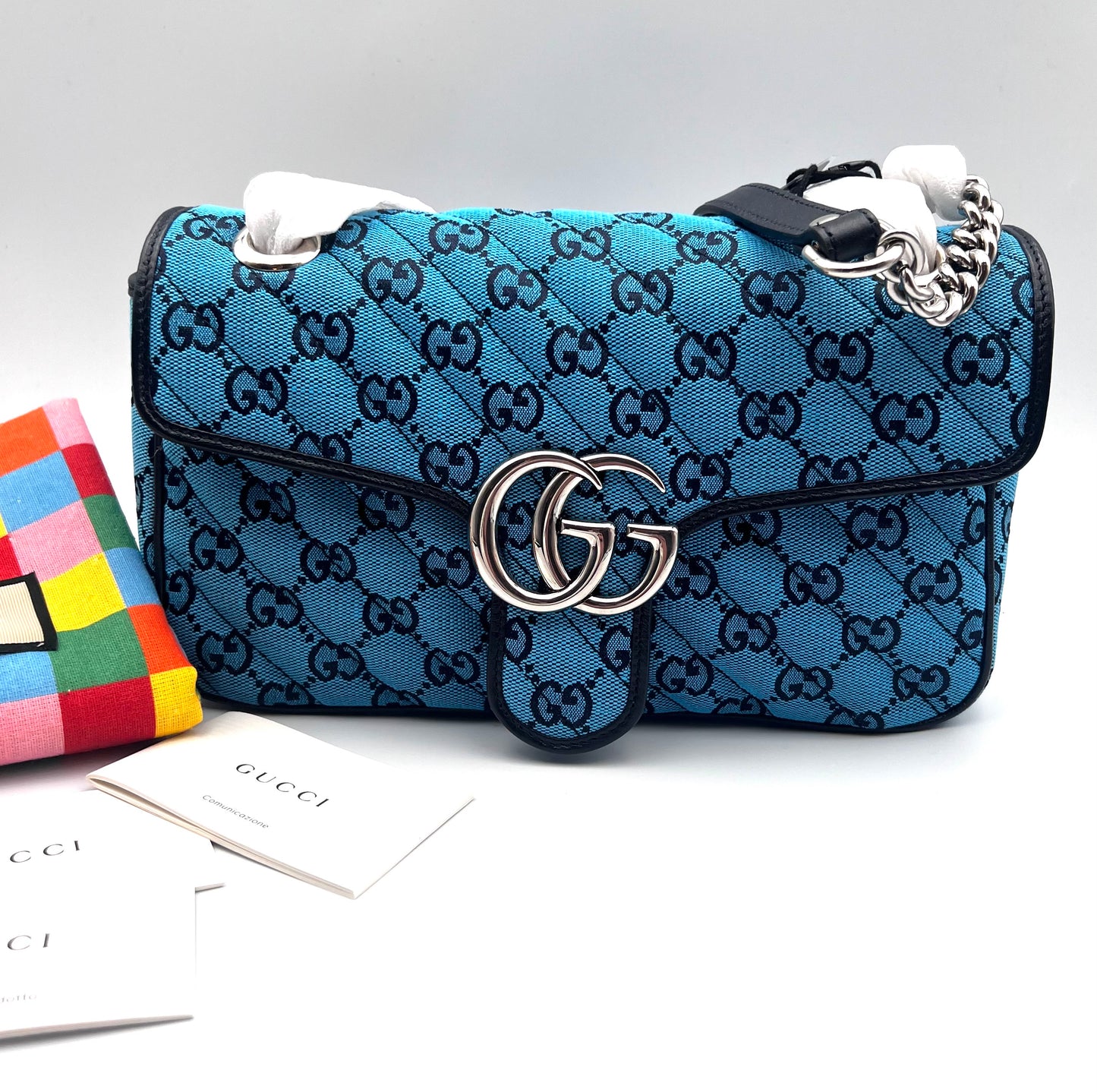 Gucci Marmont Blue Canvas Chain Flap MM size SHW        (🇵🇭P67,940)