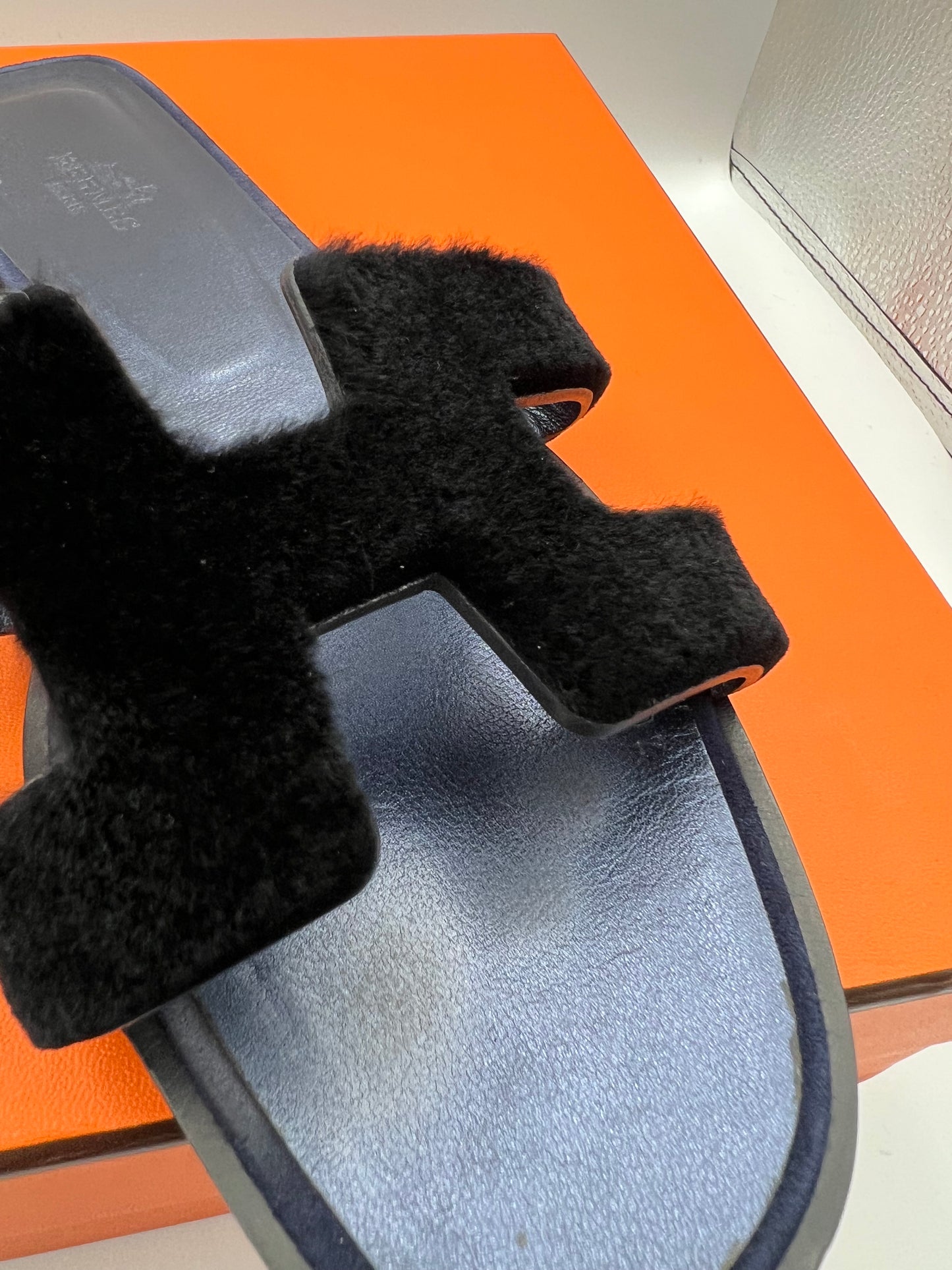 Hermes Oran Black Calf Hair Navy Sole Sandals Size 38    (🇵🇭P30,100)