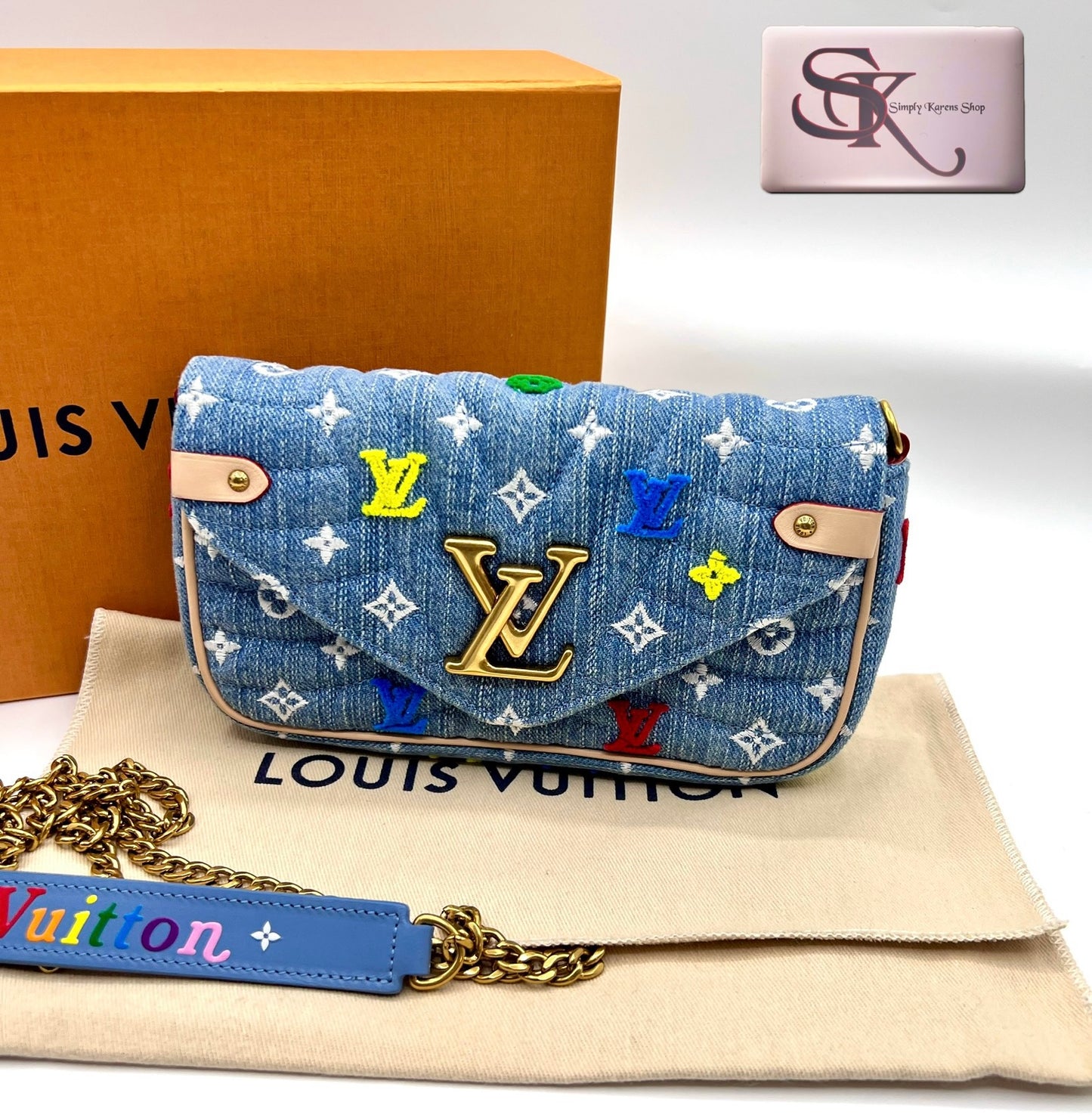 Lv embroidered Monogram Denim New Wave Chain Pochette Blue