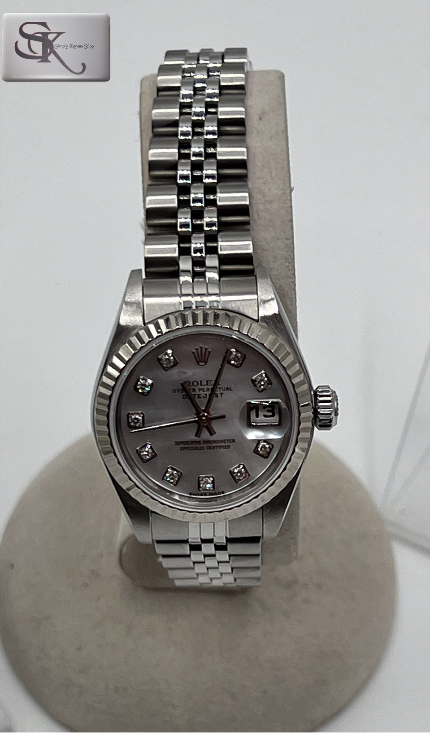 Rolex date just Automatic 26mm SS/WG Shell dial w/ Diamonds Year 2004 17cm