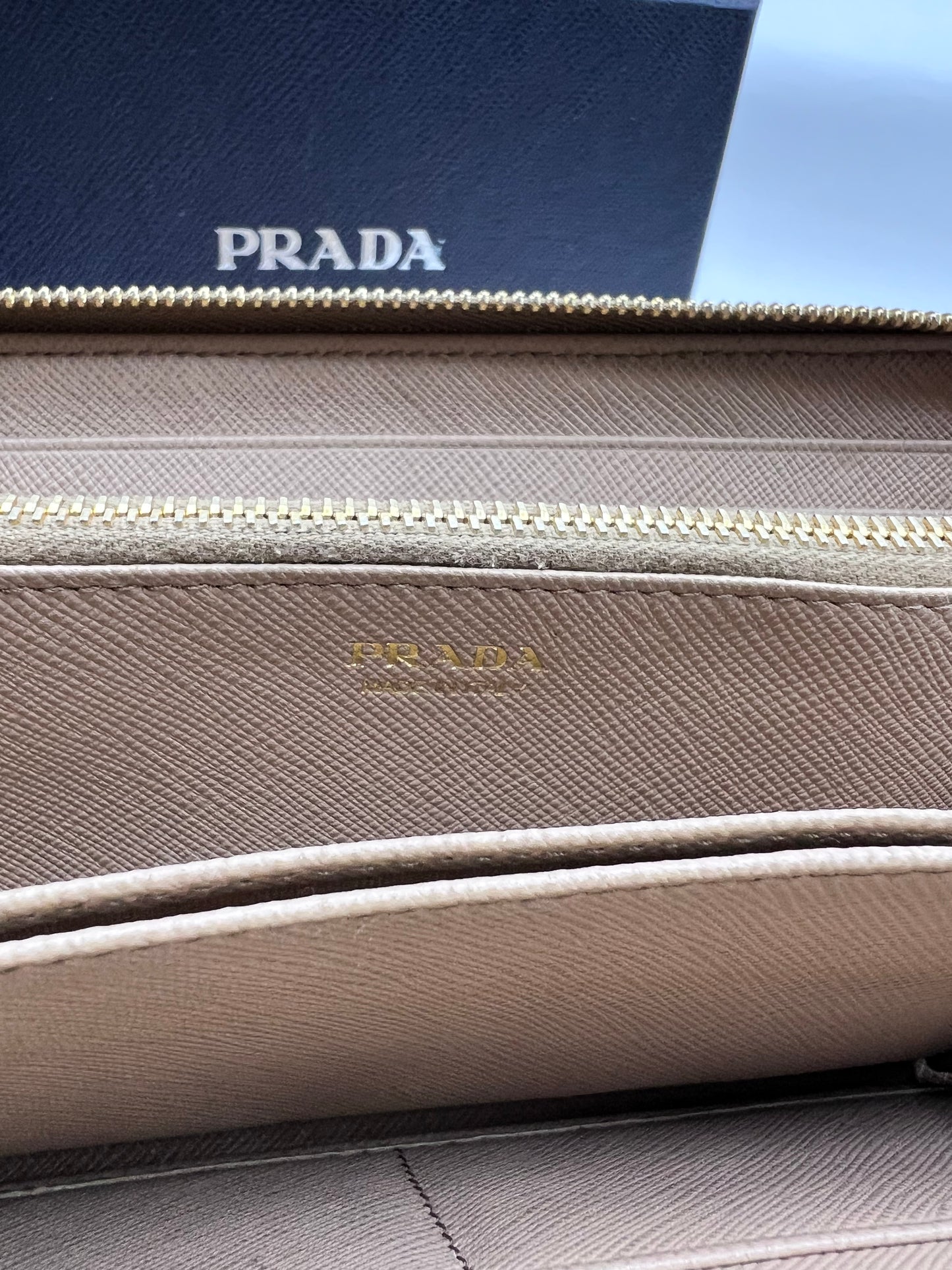 Prada Saffiano Taupe Long Zip Around Wallet  (🇵🇭P12,040)