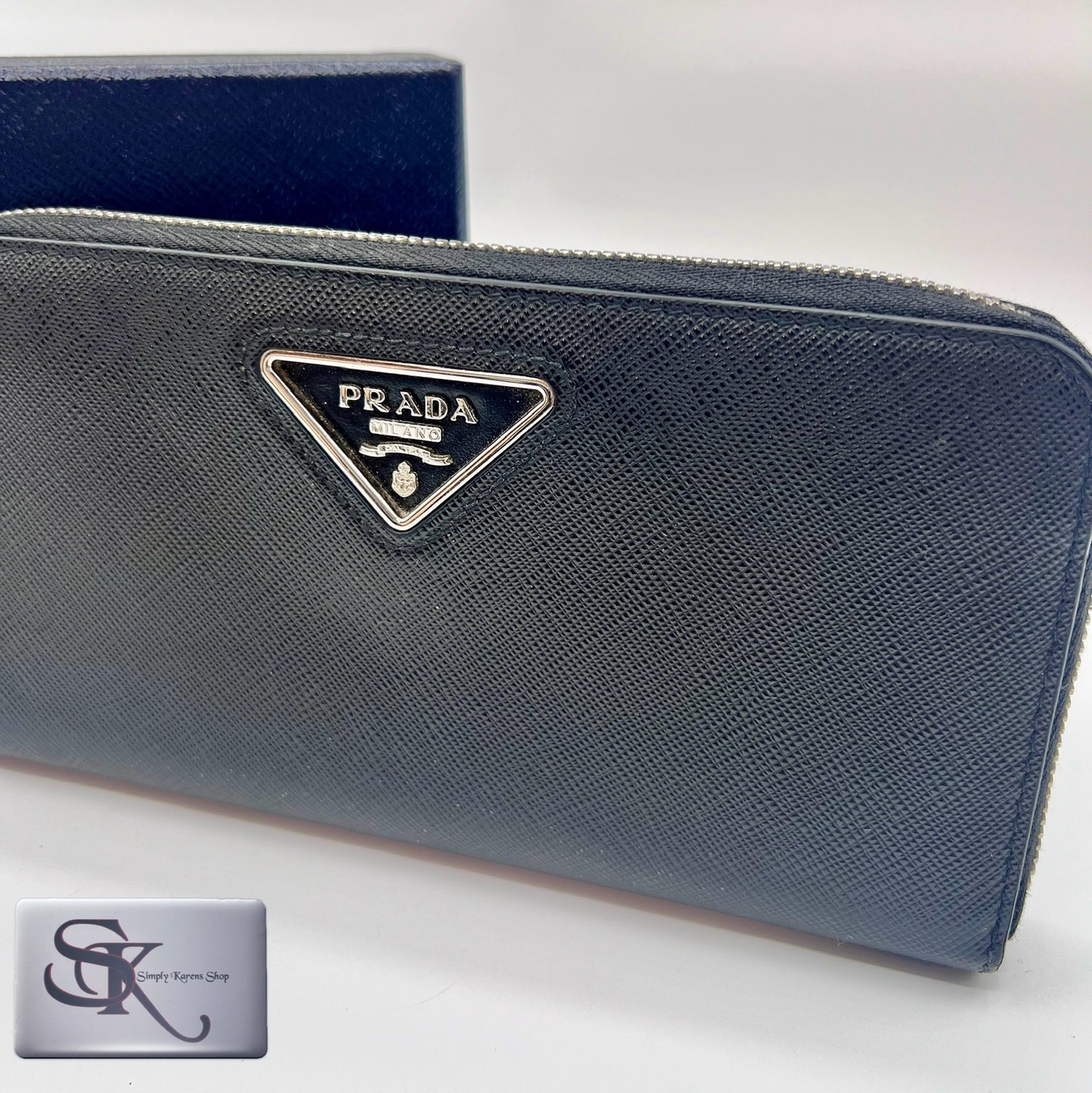 Prada Saffiano Black zip around long wallet