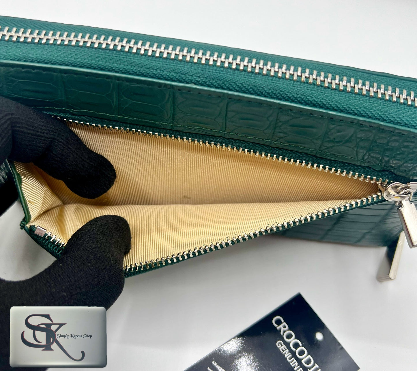 Genuine Crocodile green zip around wallet