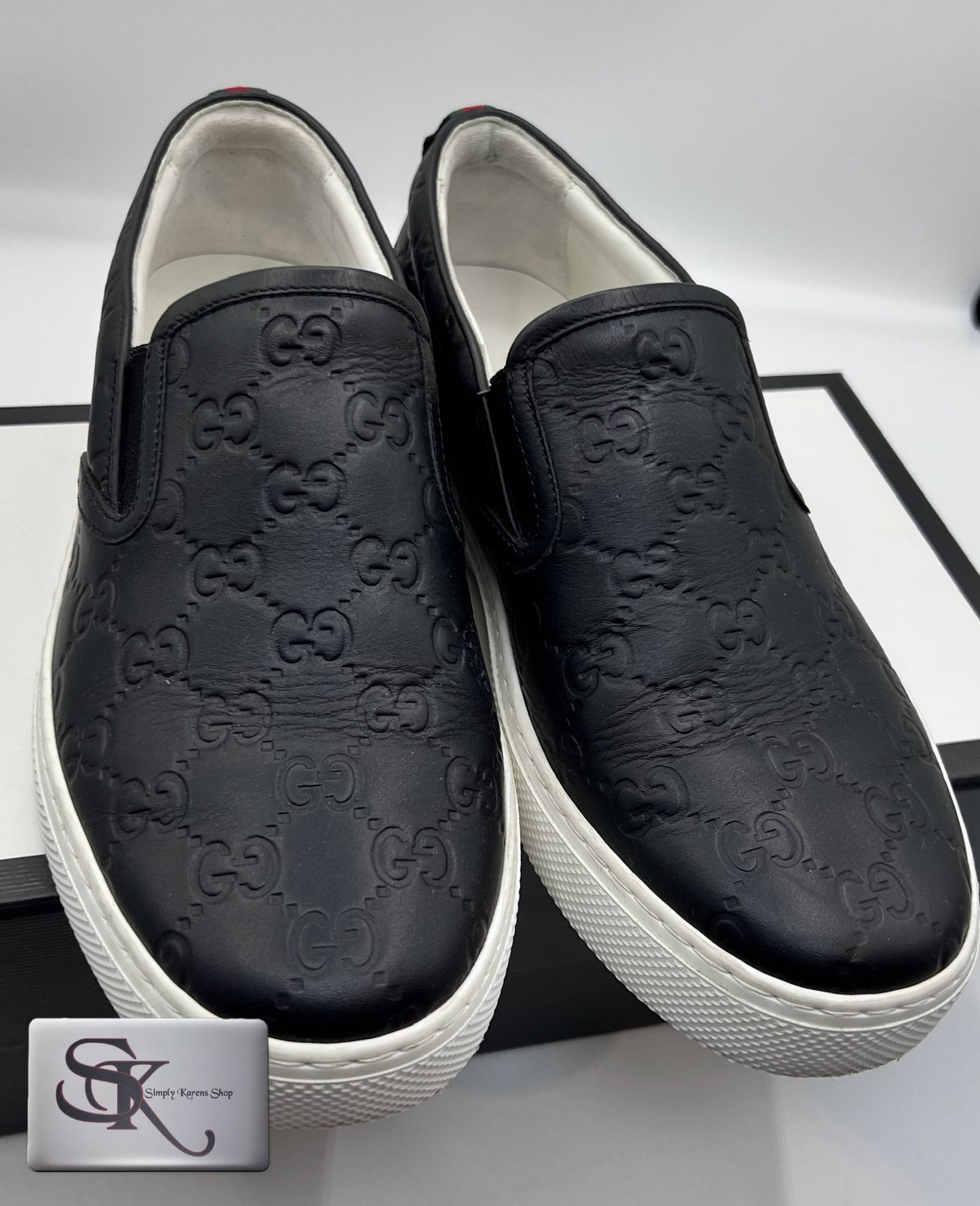 GUCCI GUCCISSIMA MEN'S BLACK LEATHER SLIP ON SNEAKERS S5 1/2C