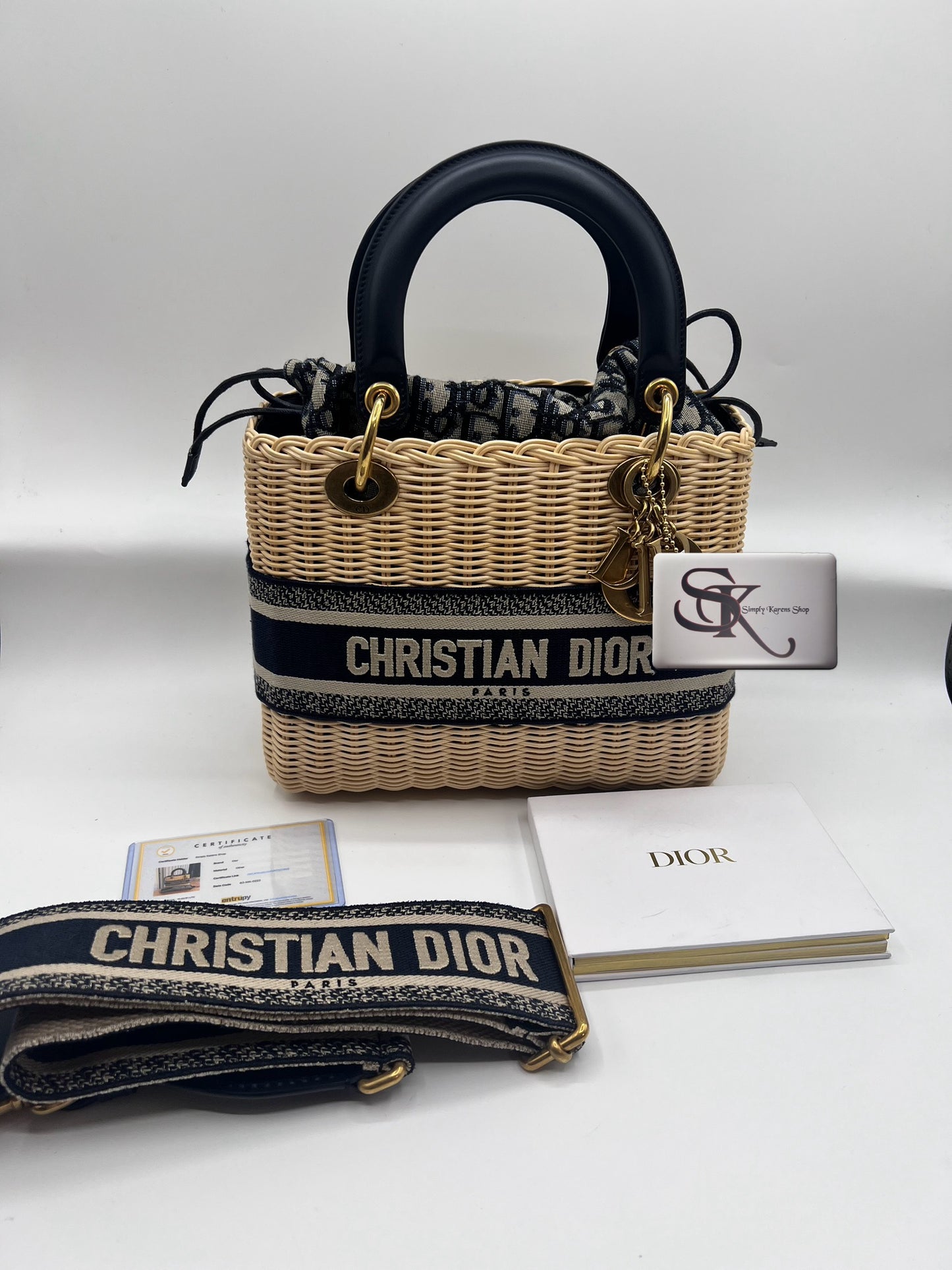 CHRISTIAN DIOR LADY DIOR NATURAL WICKER ARO BLUE DIOR OBLIQUE MM SIZE