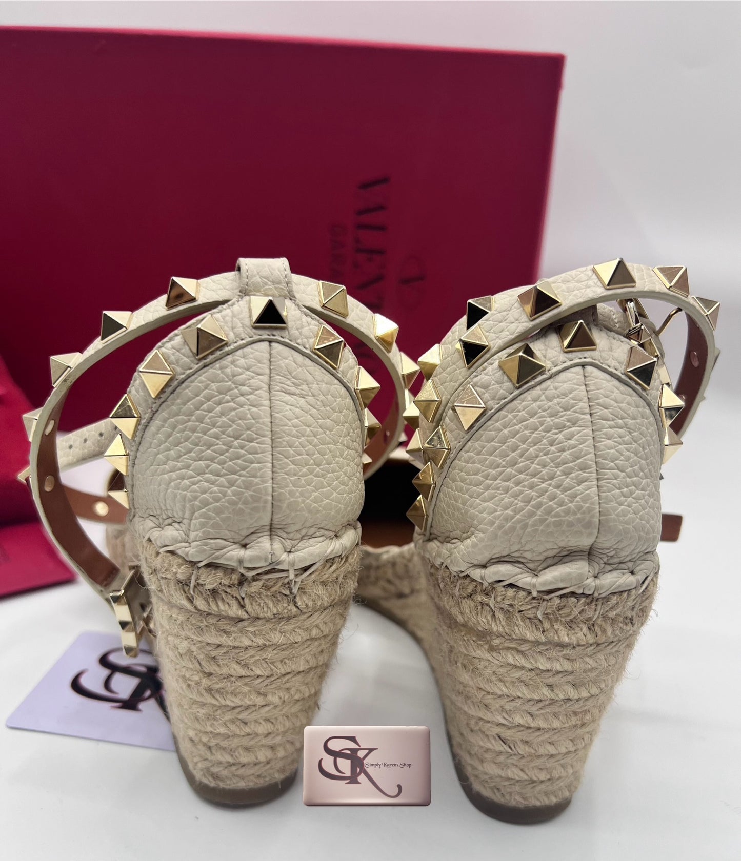 VALENTINO GARAVANI CREAM LEATHER ROCK STUD ESPADRILLE WEDGE SANDALS S35